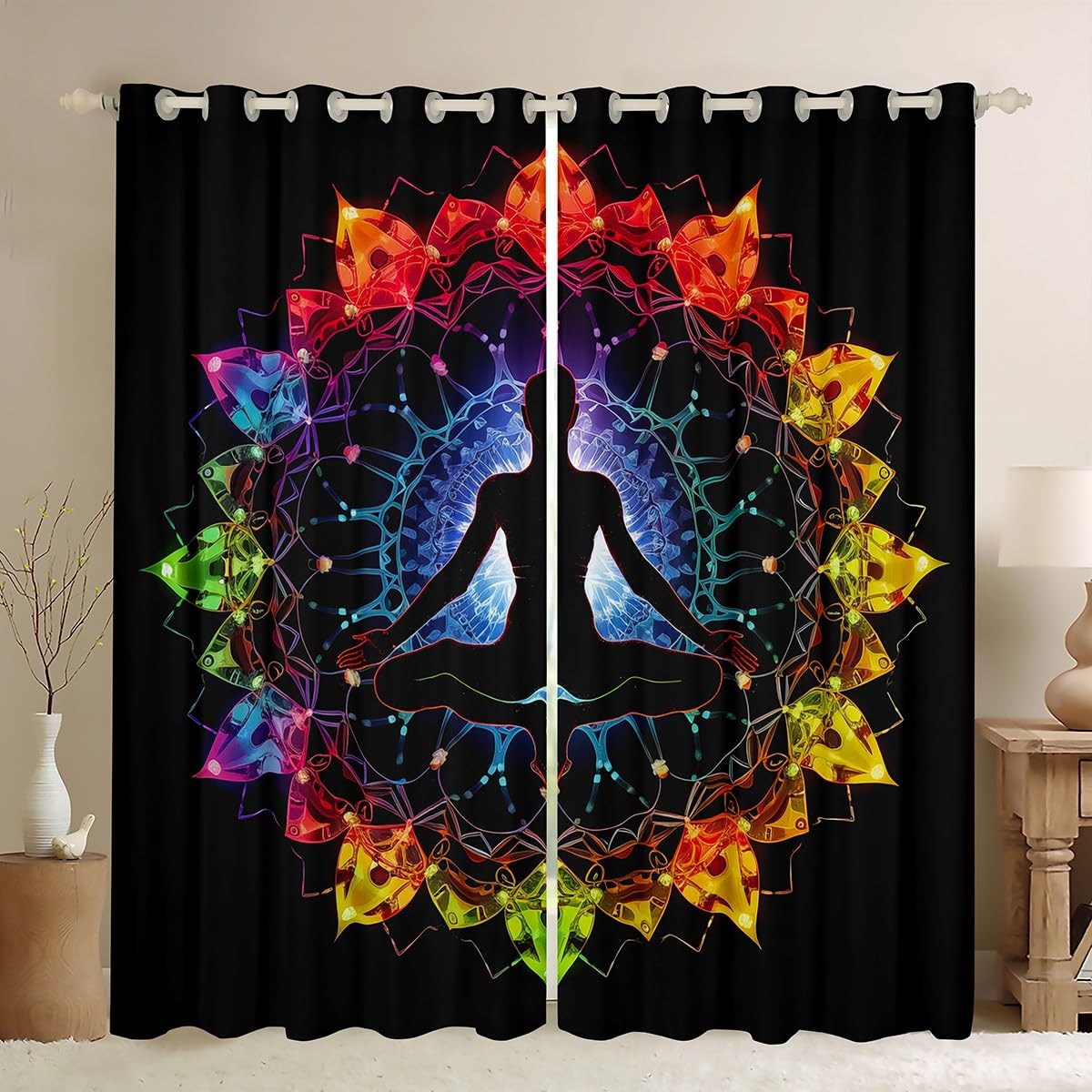 Homemissing Yoga Chakras Curtains Boho Mandala Window Drapes Treatments for Kids Boys Girls Yoga Lover Window Drapes Rainbow Chakras Window Treatments, W52*L90,2 Panels