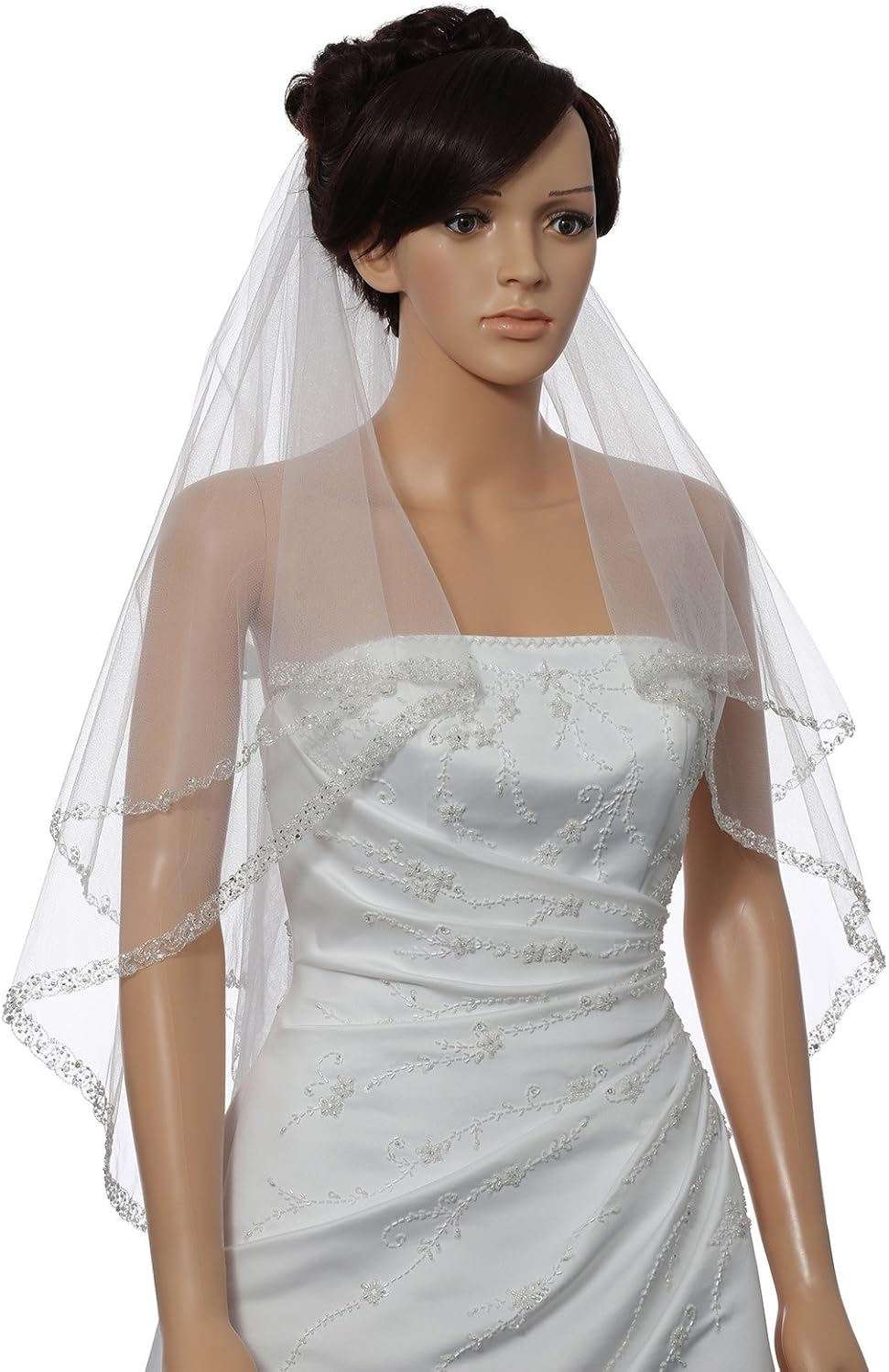 SAMKY 2T 2 Tier Dual Edge Embroided Pearl Crystal Beaded Veil Fingertip Length 36" - Image 2