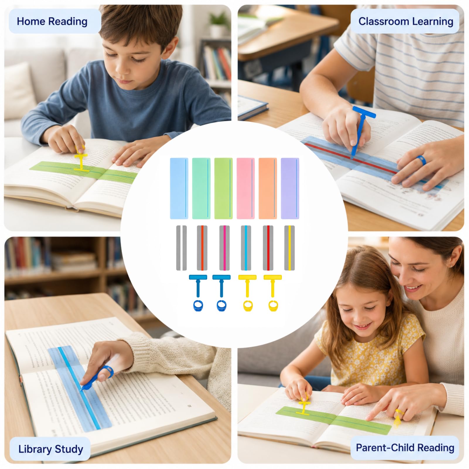 16 Piezas Tiras de Lectura Guiada, Incluir Regla de Seguimiento, Brazalete para Dislexia, Rastreador de Dedos, Varios Colores, para Facilitar la Lectura, Aliviar Estrés Visual