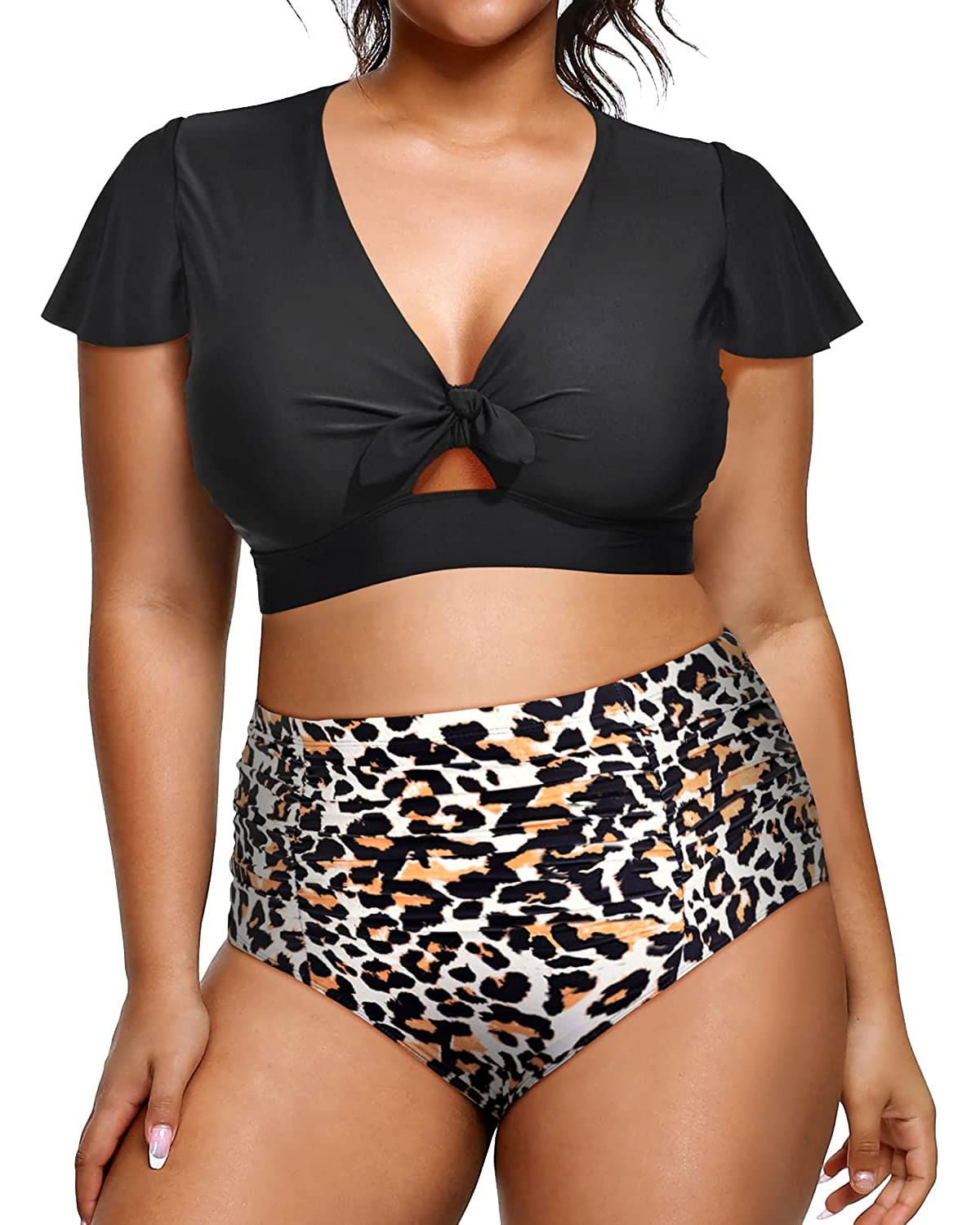 Yonique Womens Two Piece Plus Size Bikini Set High Waisted Swimsuits Tummy Control Bathing Suits Short Sleeve Swimwear