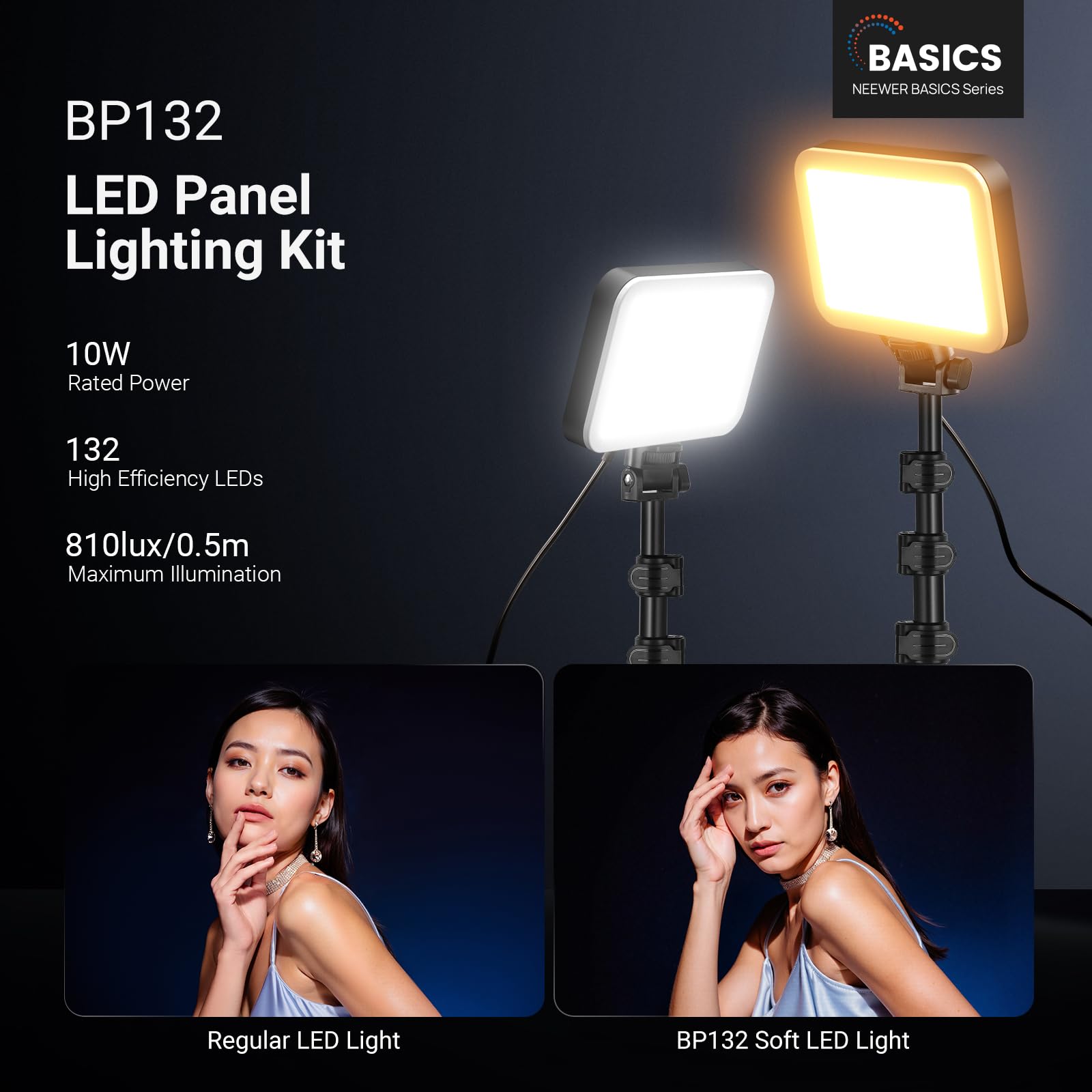 NEEWER BASICS BP132 zestaw oświetlenia LED do oświetlenia wideo, 15.7 cm, ściemniana, przenośna lampa studyjna ze statywem 134.6 cm, 3200K-5600K/CRI95+ 810lux do nagrywania wideo, strumieniowego
