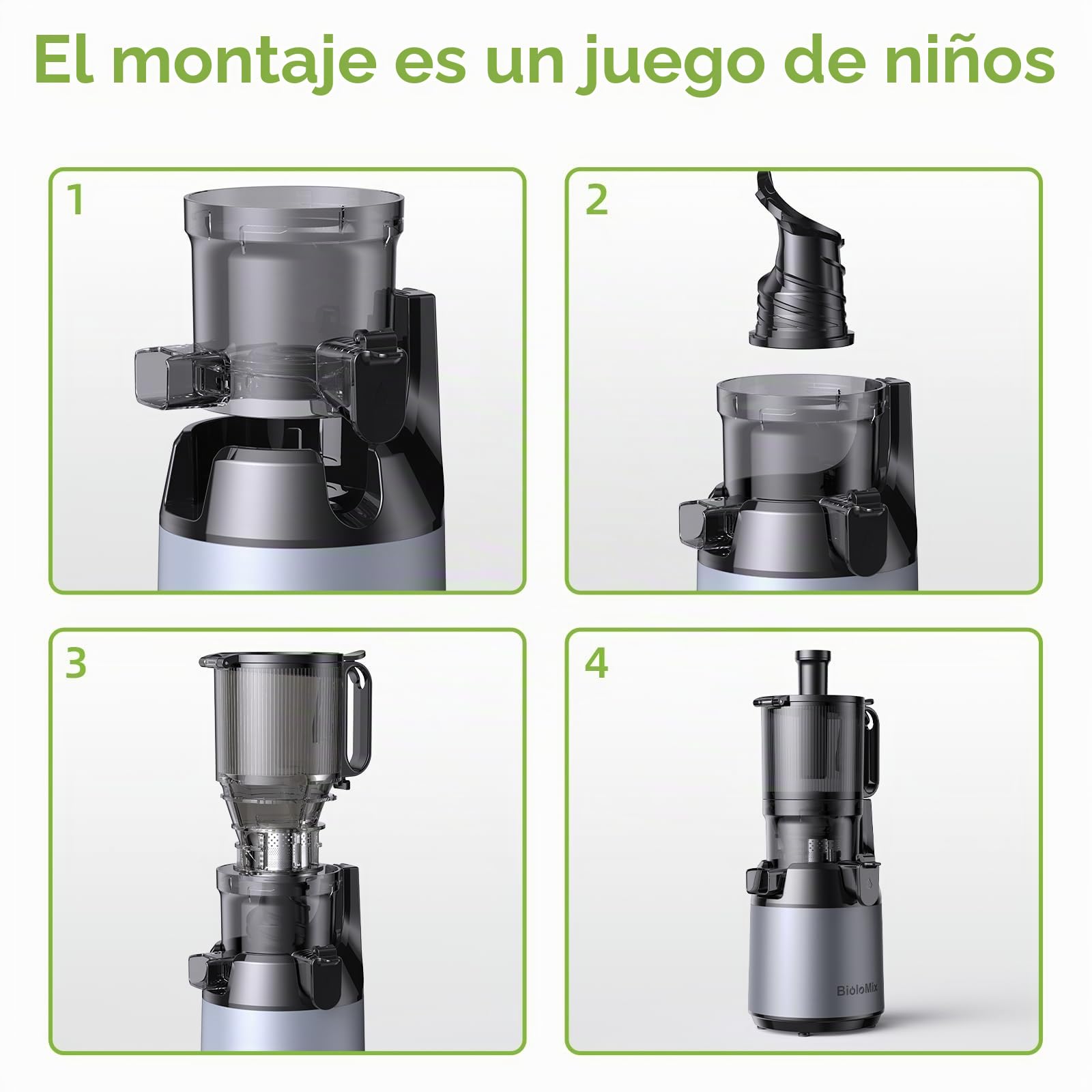 Exprimidor de Prensa en Frío, BioloMix Exprimidor de Masticación Lenta con 13CM Extra Large Feed Chute Fit Whole Frutas y Verduras con Triple Filtro, Fácil de Limpiar, BPA Free 250W DC Motor | Conducto de alimentación extra grande de 13 cm, para frutas y