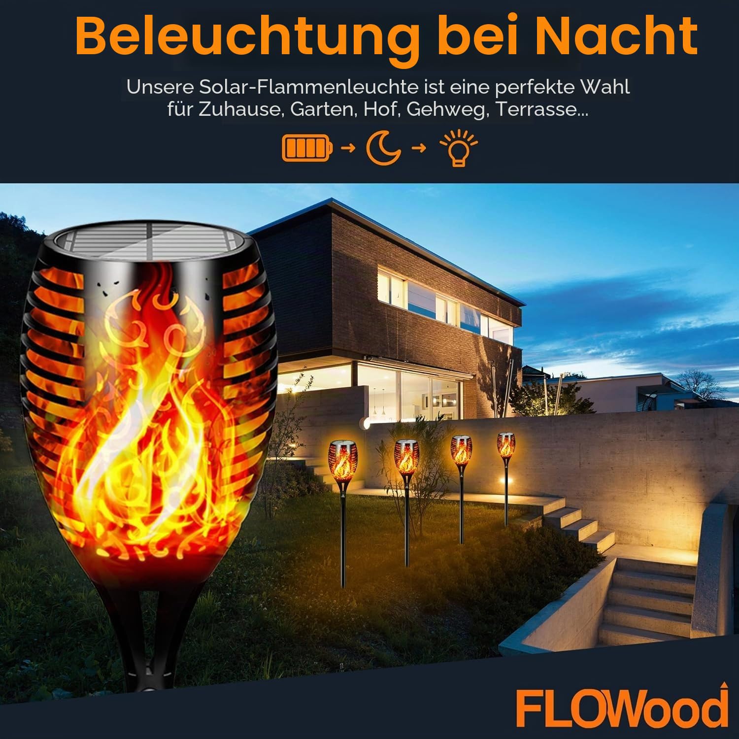 FLOWood Solarleuchten für Außen Garten 2 Stück, 96LED Solarfackeln 110cm Höhe, IP65 Wasserdicht, Automatische Ein/Aus