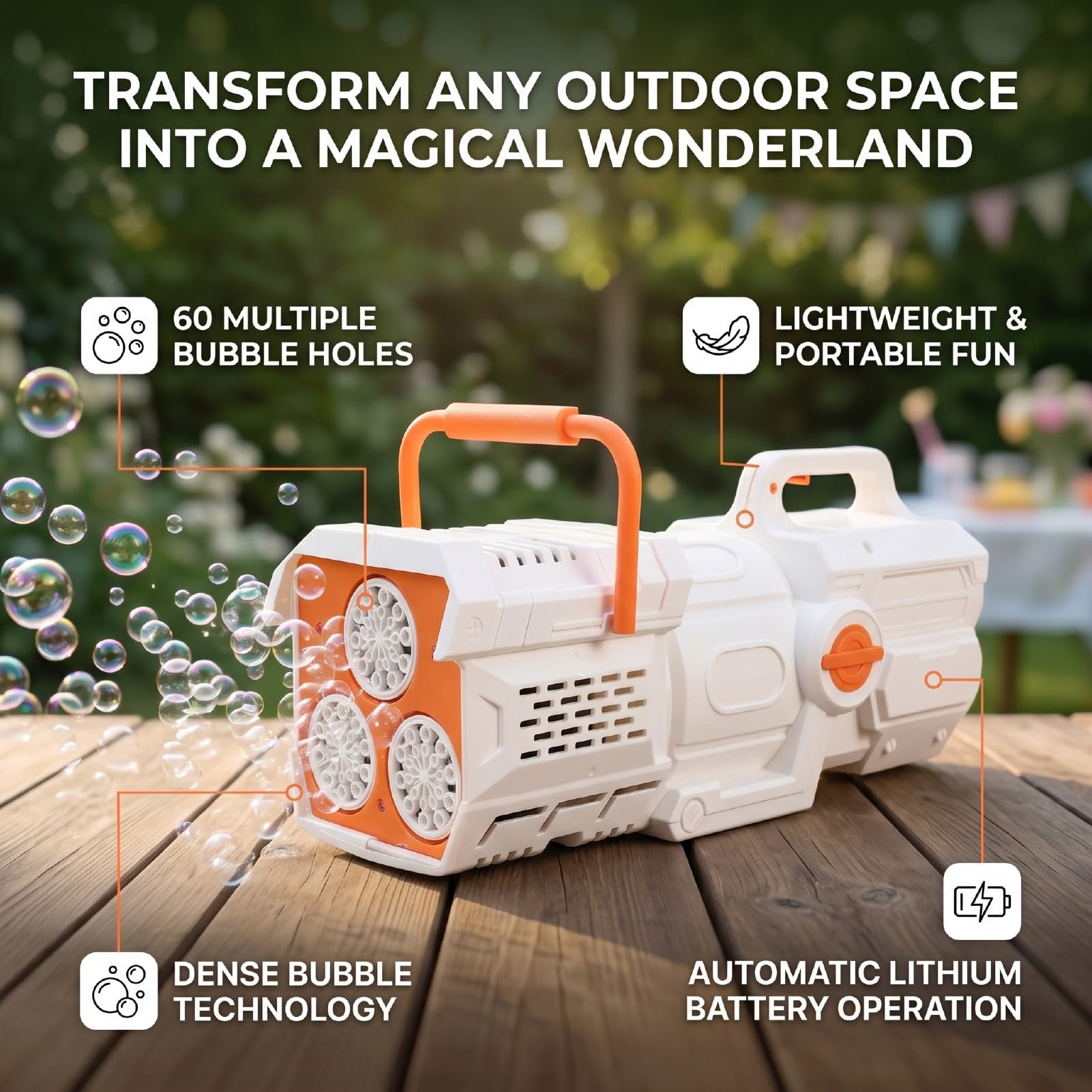 Tragbarer Seifenblasenmacher für |60-Loch-Automatik-Blasengebläse mit Wiederaufladbarem Akku, Outdoor-Gartenparty-Spielzeug