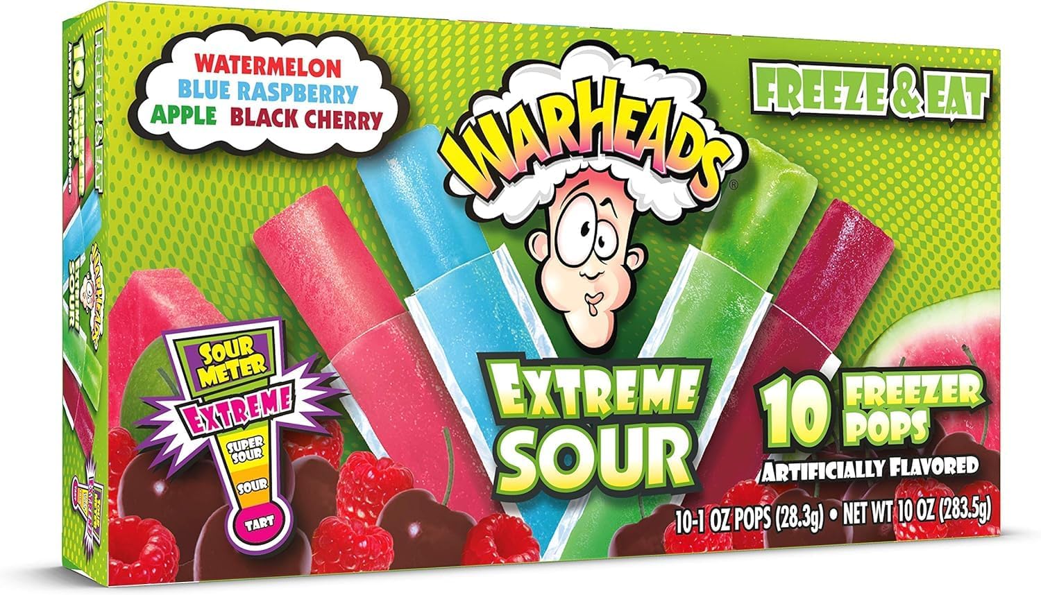 WarheadExtreme Sour Freezer Pops, 10 Count, Watermelon, Blue Raspberry, Apple, Black Cherry Flavours, 283.5g (From USA)-image-38