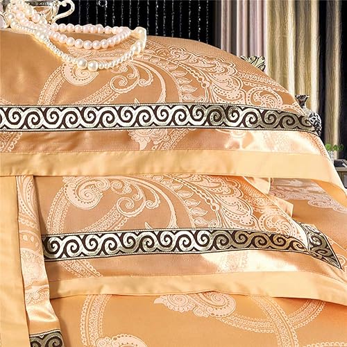 Miniatura 5 de FXJ - Juego de ropa de cama tamaño King dorado, juego de fundas de edredón de matrimonio color rosa, juego de ropa de cama de lujo de algodón tamaño