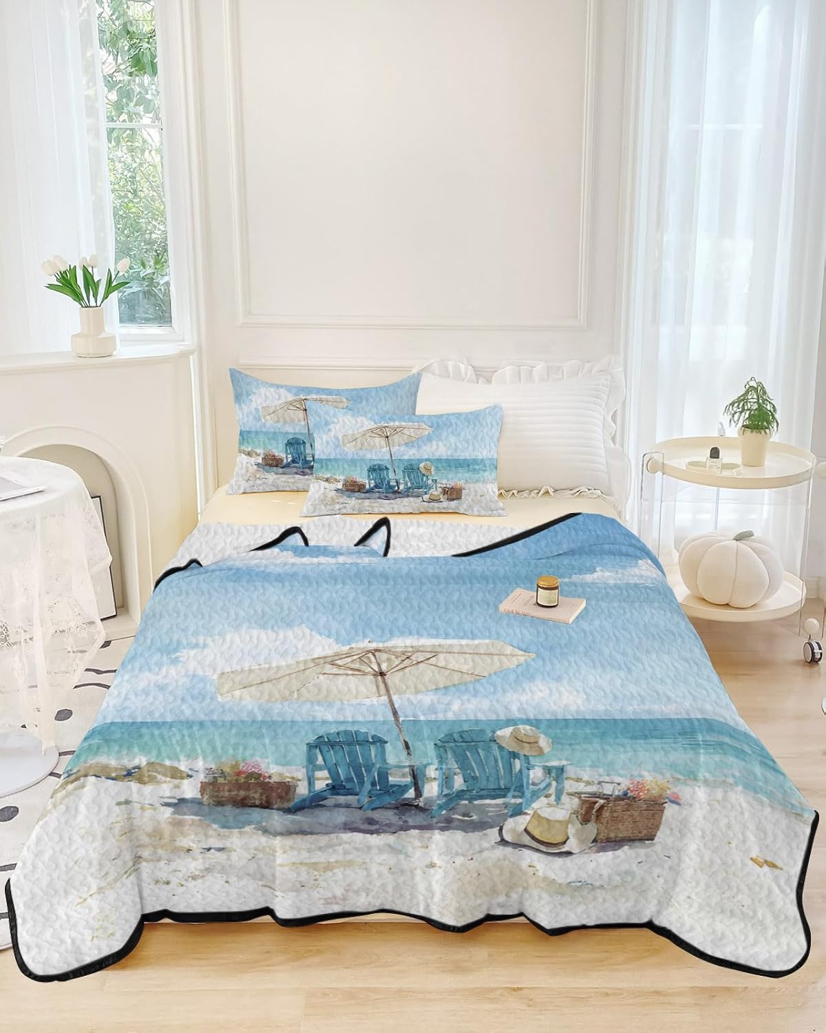 Full Size Quilt Set, Summer Ocean Beach Recliner Lightweight Bedspread Coverlet Set Soft Microfiber Summer Quilt with 2 Pillow Shams, Watercolor Sea Blue Sky 3 Piece Comforter Bedding Set