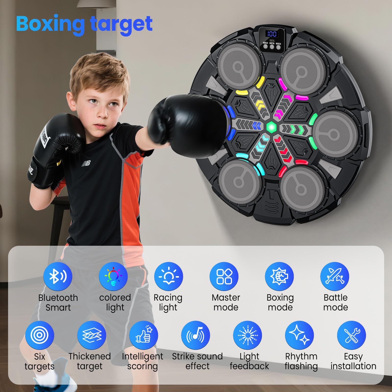 Maquina de Boxeo Musical, 2025 Nuevo Boxeo Musical Pared con Guantes De Boxeo, Conexión Bluetooth, Luces LED Coloridas, Ajuste de 5 Velocidades, Múltiples Modos de Entrenamiento, Conteo Automático