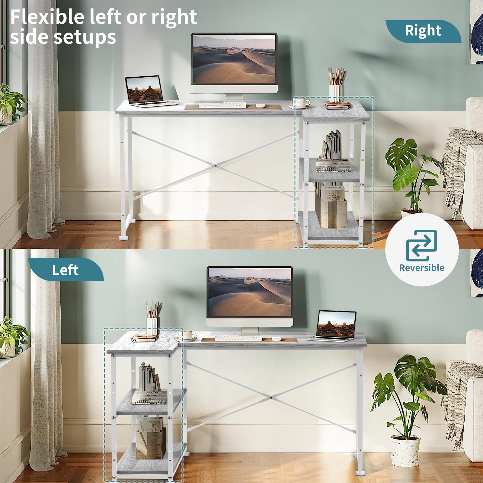 TRIUMPHKEY Scrivania ad Angolo Reversibile 110 x 80cm, Scrivania a Forma di L con Ripiani,Tavolo da Lavoro,Struttura in Acciaio, per Computer, Ufficio, Studio and Soggiorno, Grigio