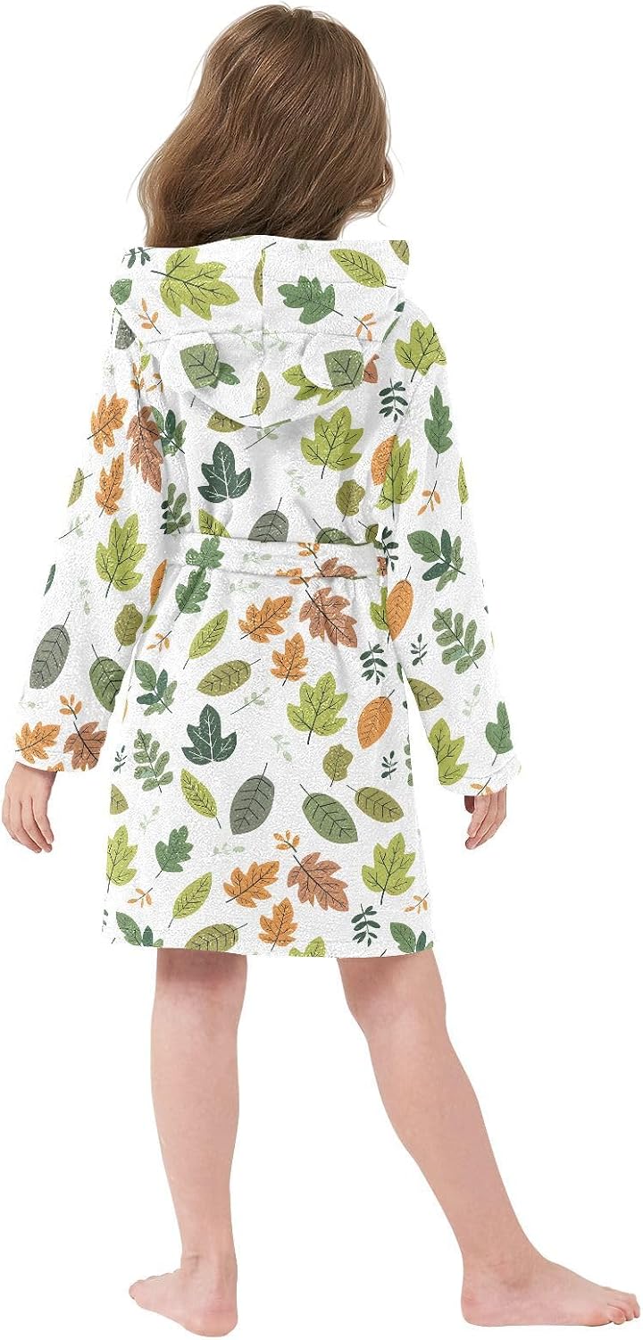 senya Green Leaves A Toddler Hooded Bathrobe Kids Soft Plush Bath Towel Robes for Boys Girls 2-12 Years