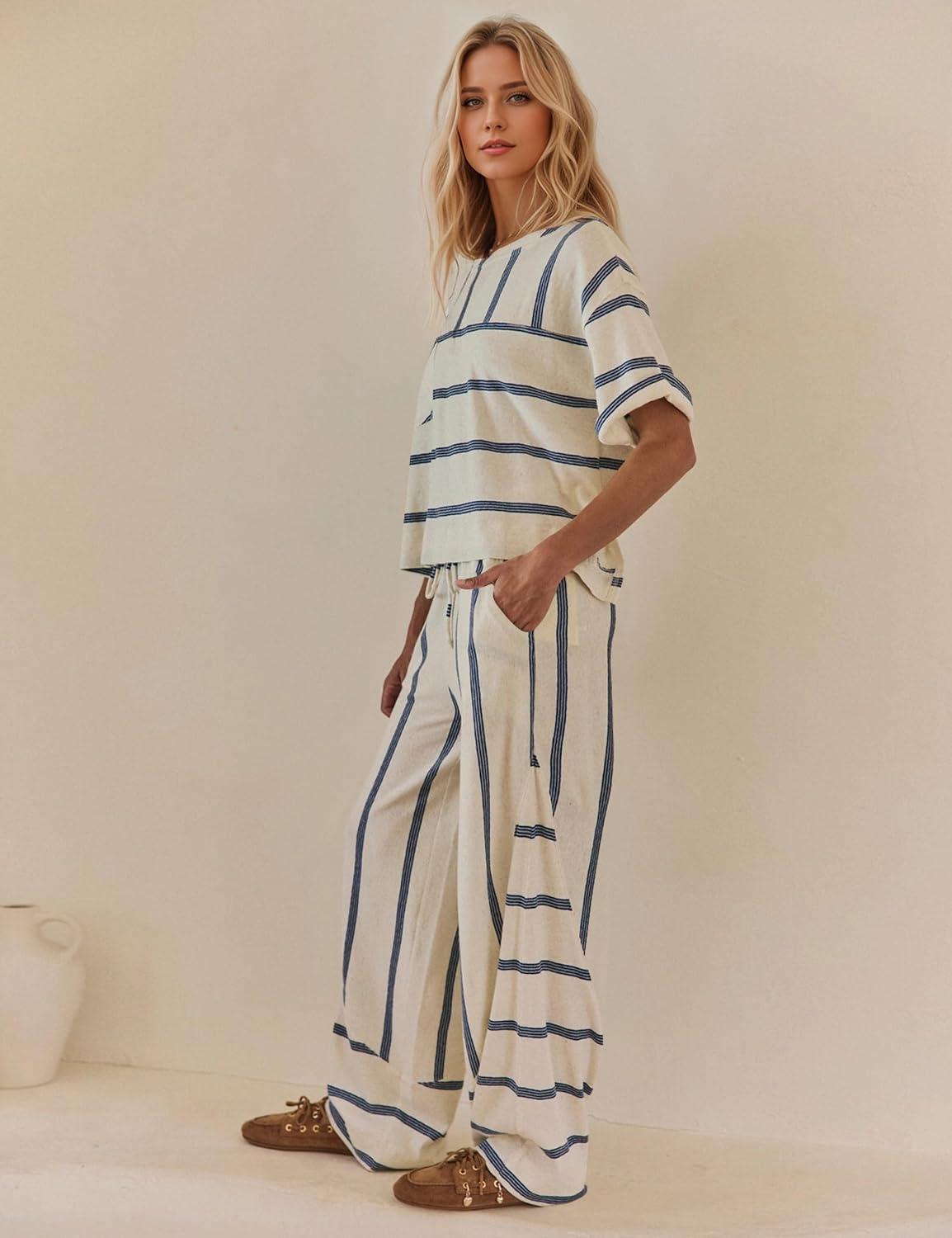 HOCANDY Womens Striped Lounge Set Rolled Short Sleeve Tops and Wide Leg Pants Oversized Vacation Travel Sets with Pockets