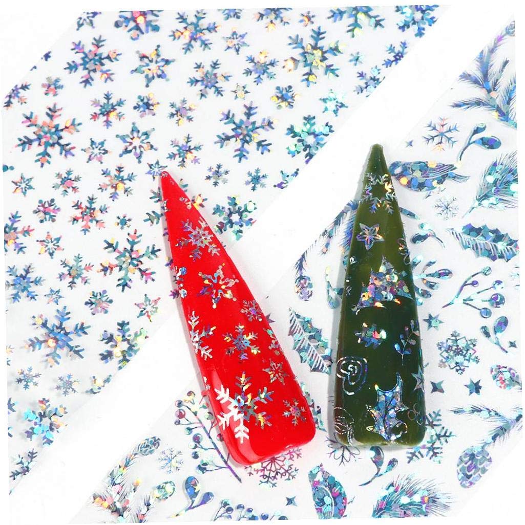Hotaden 10pcs Holographic Xmas Nail Sticker Snowflake Nail Art Transfer Foils Winter Nail Art Decor Watermark Stickers Random Style