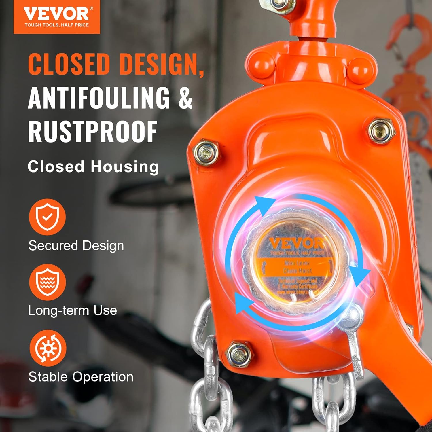VEVOR Manual Lever Chain Hoist, 1/2 Ton 1100 lbs Capacity 5 FT Come Along, G80 Galvanized Carbon Steel with Weston Double-Pawl Brake, Auto Chain Leading & 360° Rotation Hook, for Garage Factory Dock - Image 2