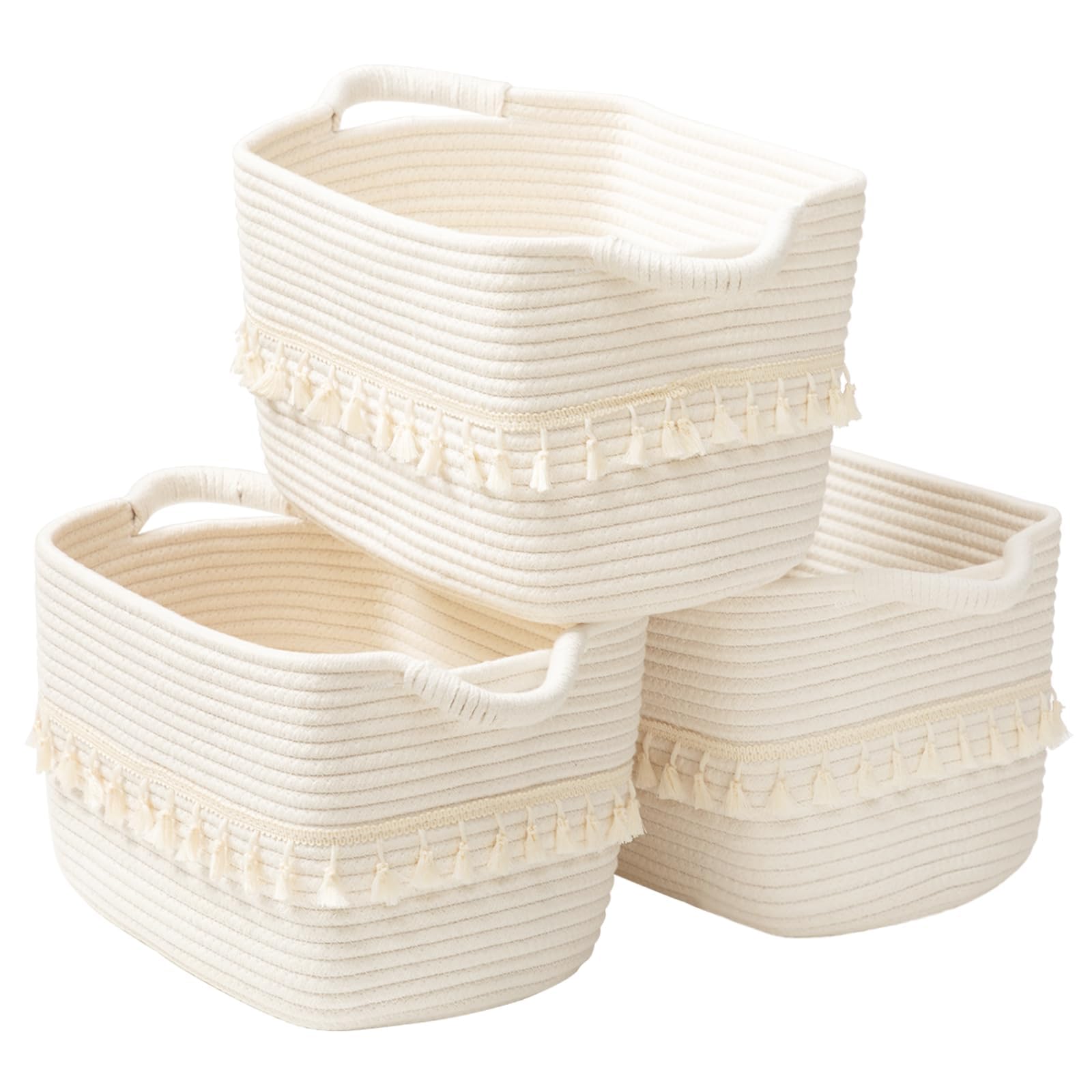 TeoKJ White Cotton Ropen Baskets for Storage, Set of 3 Woven Clothes Basket for Organizing and Storage, Blanket Basket for Living Room Laundry Bathroom Shelves