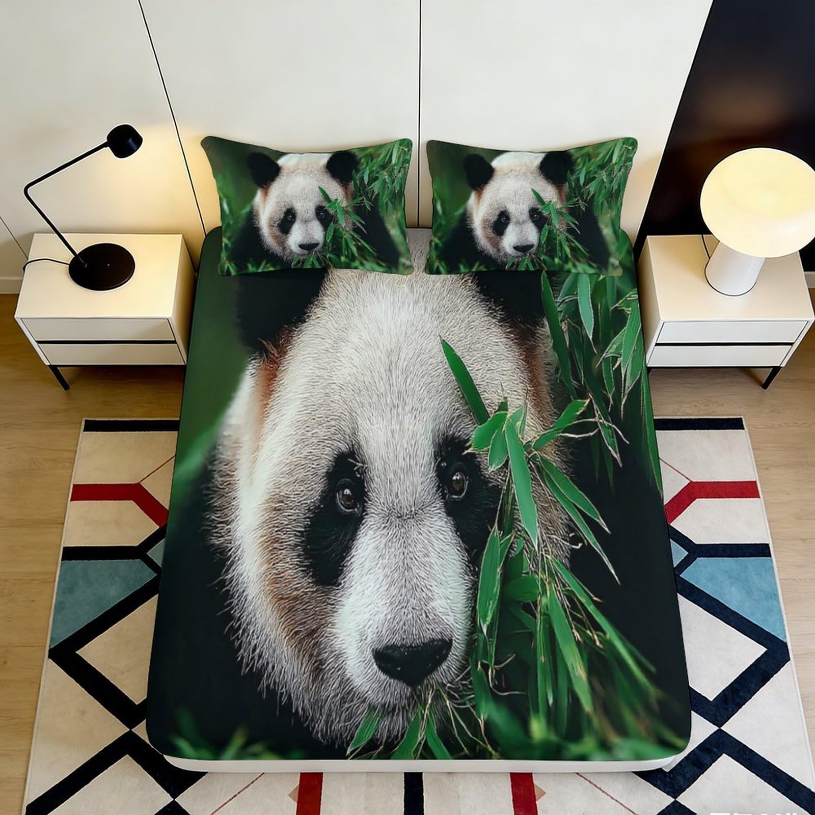 3D Printed Panda Bamboo Fitted Sheet Microfiber Soft Anti-Slip Bed Cover for Bedroom Guest Room Dorm Decor 90x200x25cm