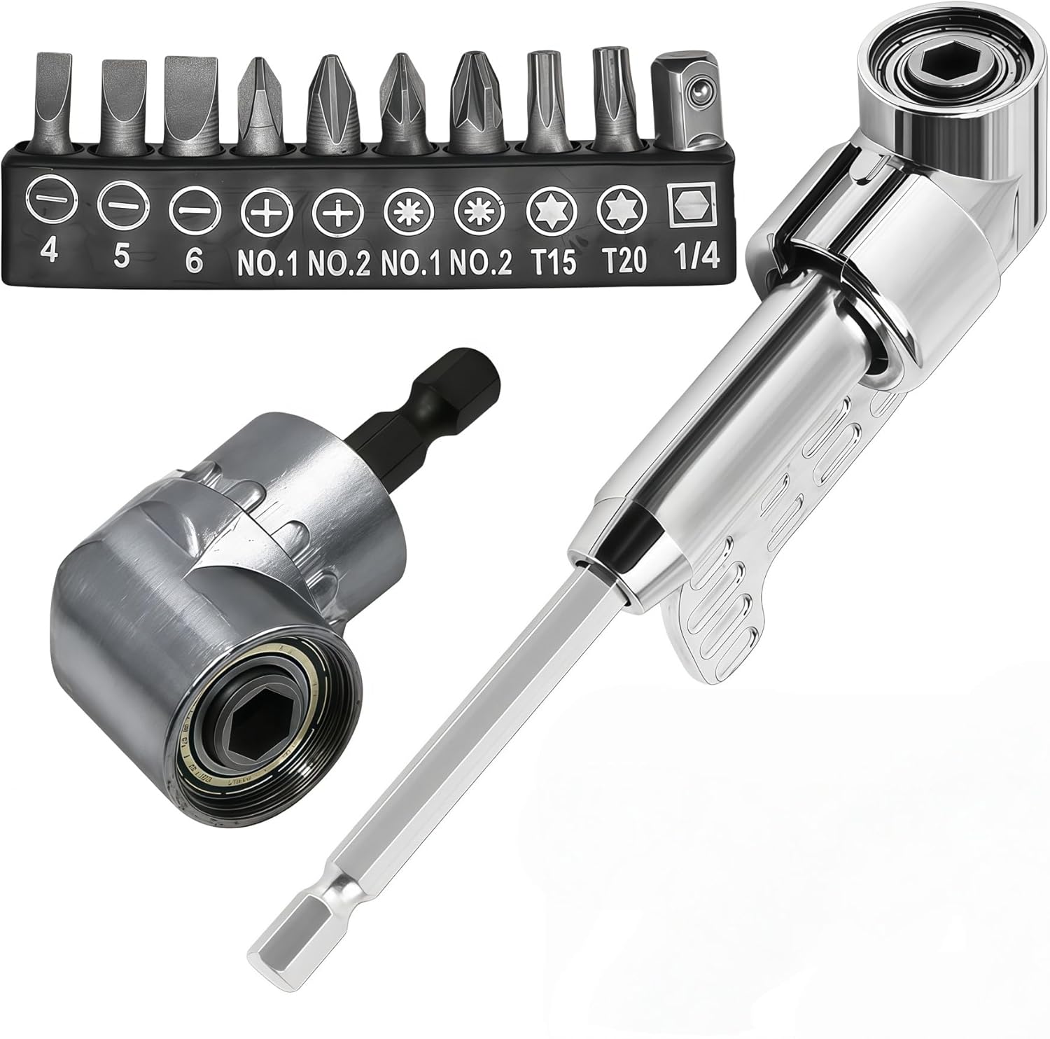 105 Degree Upgrade Right Angle Drill Adapter, Multi-function Bend Screwdriver Bit, Angle Extension Bit Kit, 1/4" Hex Shank Driver for Household Work