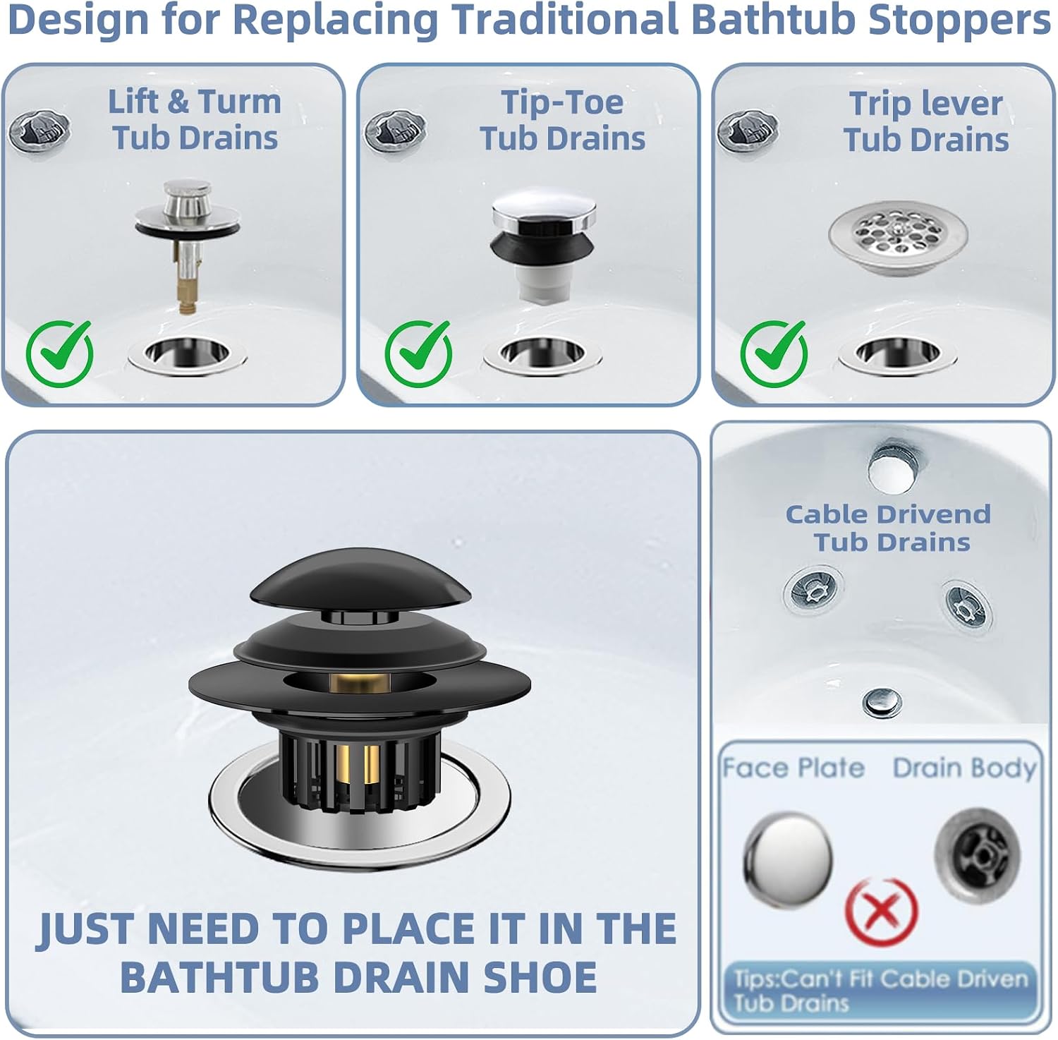 2 in 1 Tub Stopper Bathtub Drain Hair Catcher with Dual Filtration Design, Anti-Clogging Bathtub Drain Plug Bath Tub Stoppers for 1.45-1.8" Drain Shoe, Black