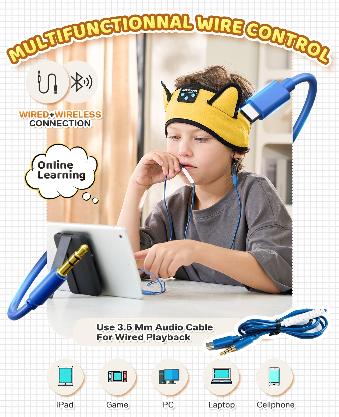 Diadema de auriculares para niños pequeños, bebés y niños, reproducción inalámbrica con Bluetooth, conector de 3,5 mm, ajuste cómodo, sin presión en las orejas, volumen seguro limitado, ajustable para