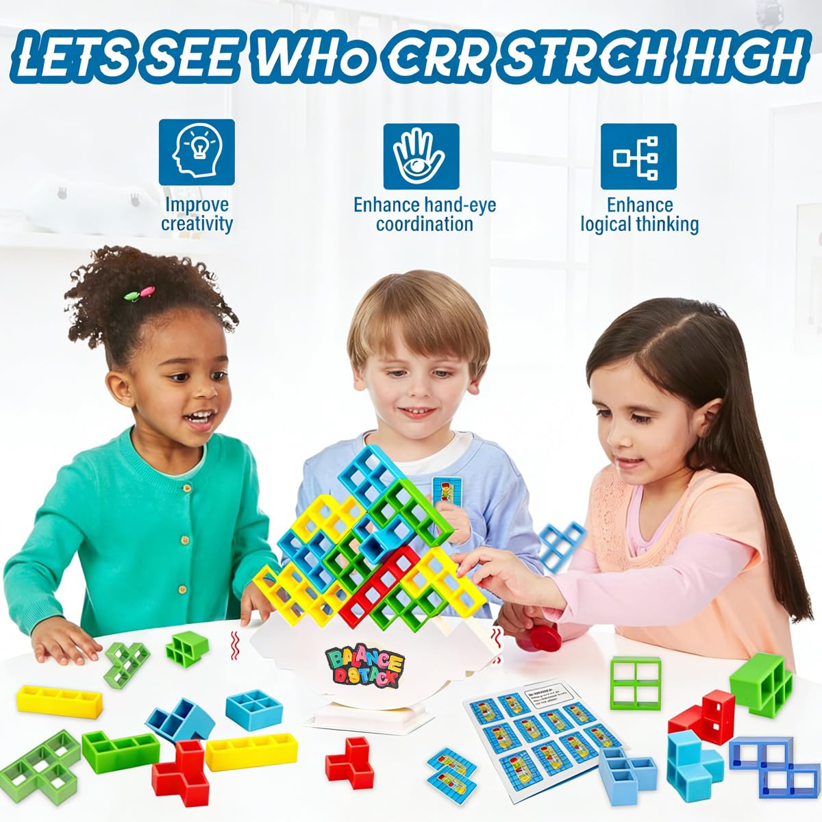 EduPlayte 64PCS Stack Game for Adult & Kids, Tetra Board Tower Games for Family Travel Party family games, Team Toys Building Block - Image 3