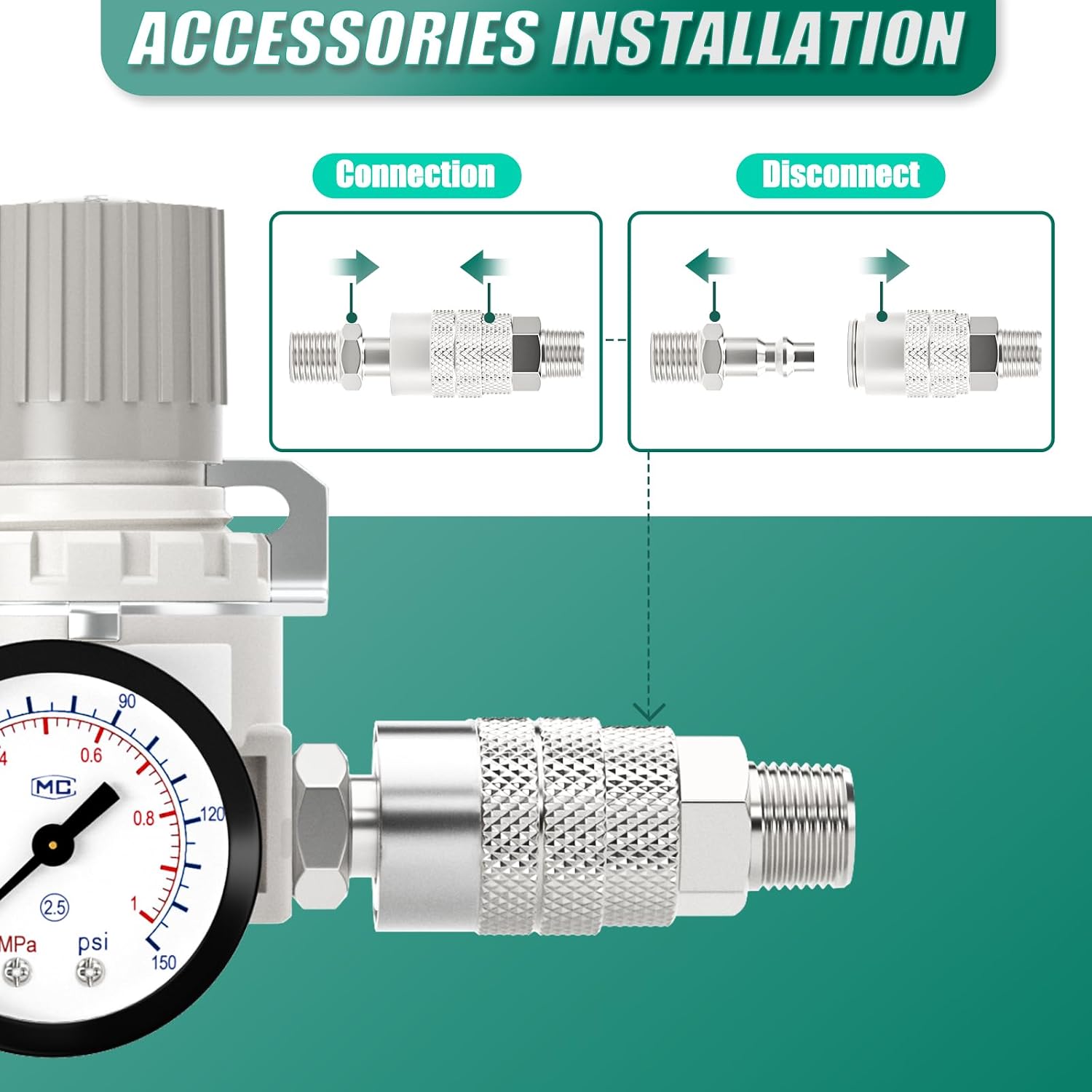 1/4" NPT Air Compressor Pressure Regulator, with 0-150 PSI Gauge, AR2000 Air Gauge Regulator Inline for Air Compressor and Pneumatic Tools