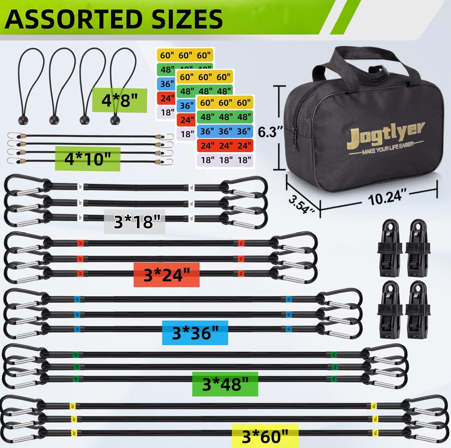 Bungee Cords Set 28pcs Heavy Duty Outdoor Roll Bungie Cord Bundle with Carabiner Hooks 10" 18" 24" 36" 48" 60" Black Bungee Straps Ball Bungee Cords and Tent Clip (28Pcs-Black) - Image 2