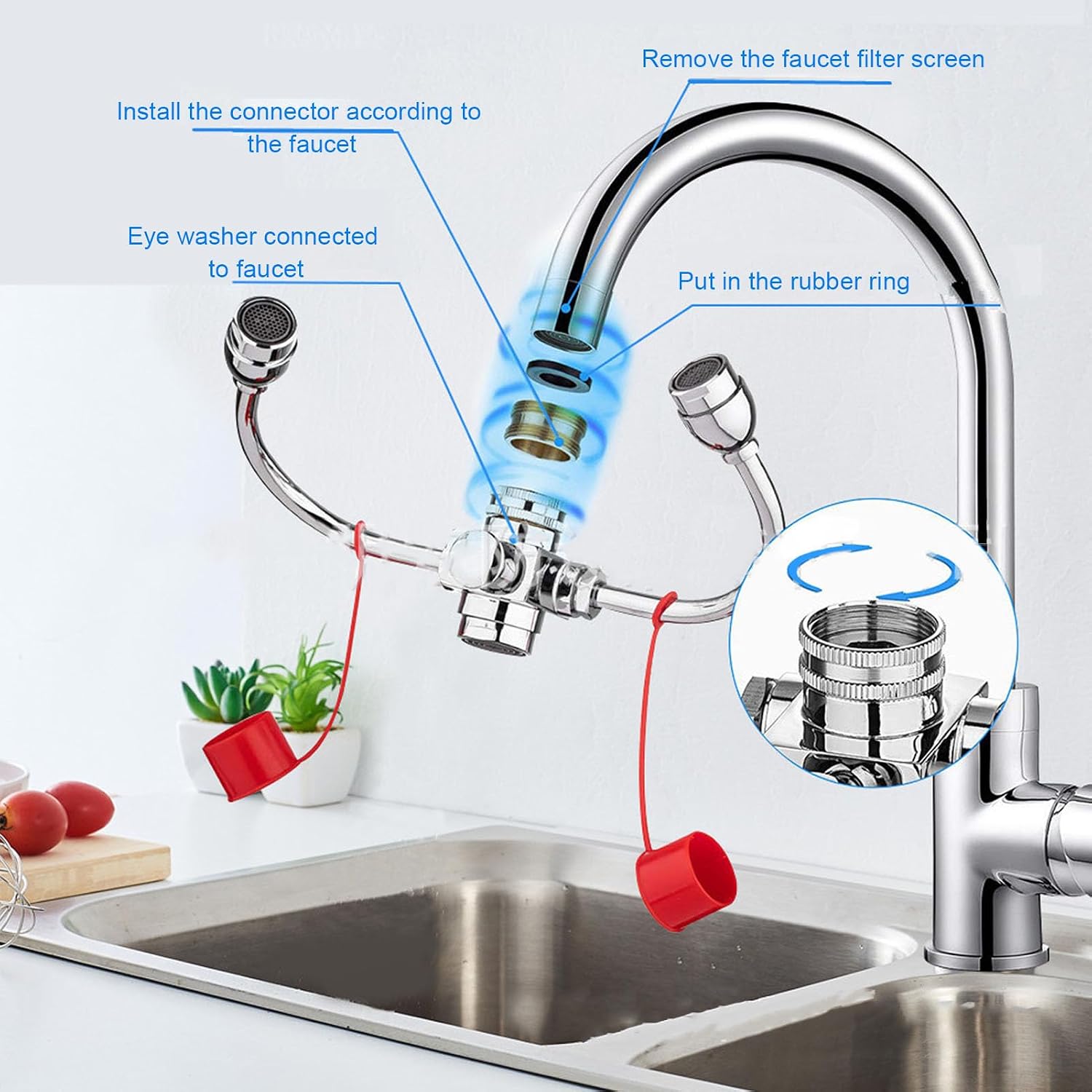 Faucet Mounted Eyewash Station with Cover, First AID Emergency Eye Wash Unit for Sink Attachment, for Lab, Factory, Industry Site, Office and Home, Equipped with 3 Adapters