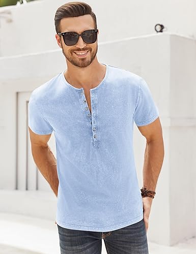 Miniatura 2 de Camisas Henley desgastadas para hombre, camisetas retro de manga corta, camisetas casuales con botones lavadas para hombre