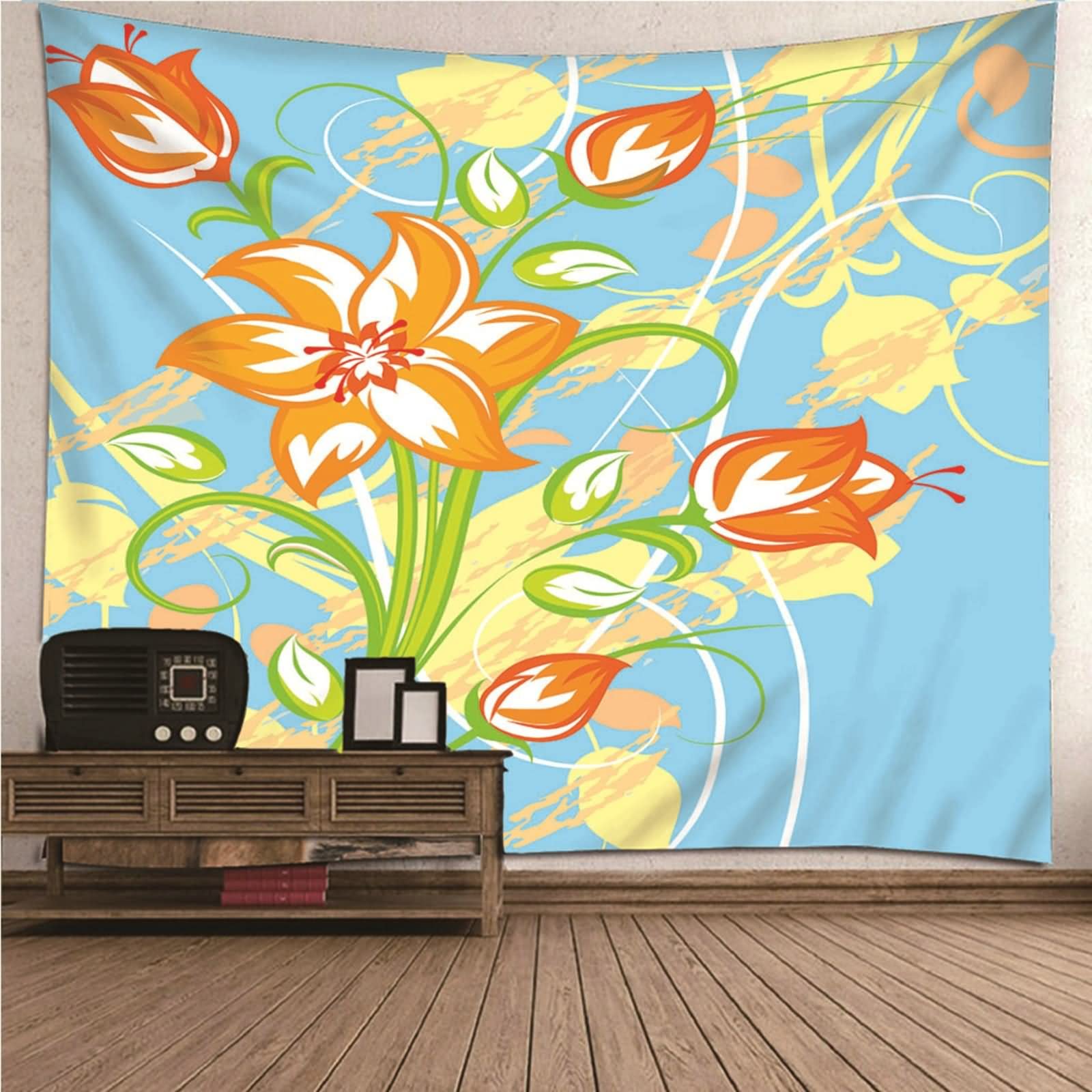 Tapiz Suelo, Decoración Pared Exterior Patrón de Flor de Flor de Tema Floral Poliéster Azul 210x140CM
