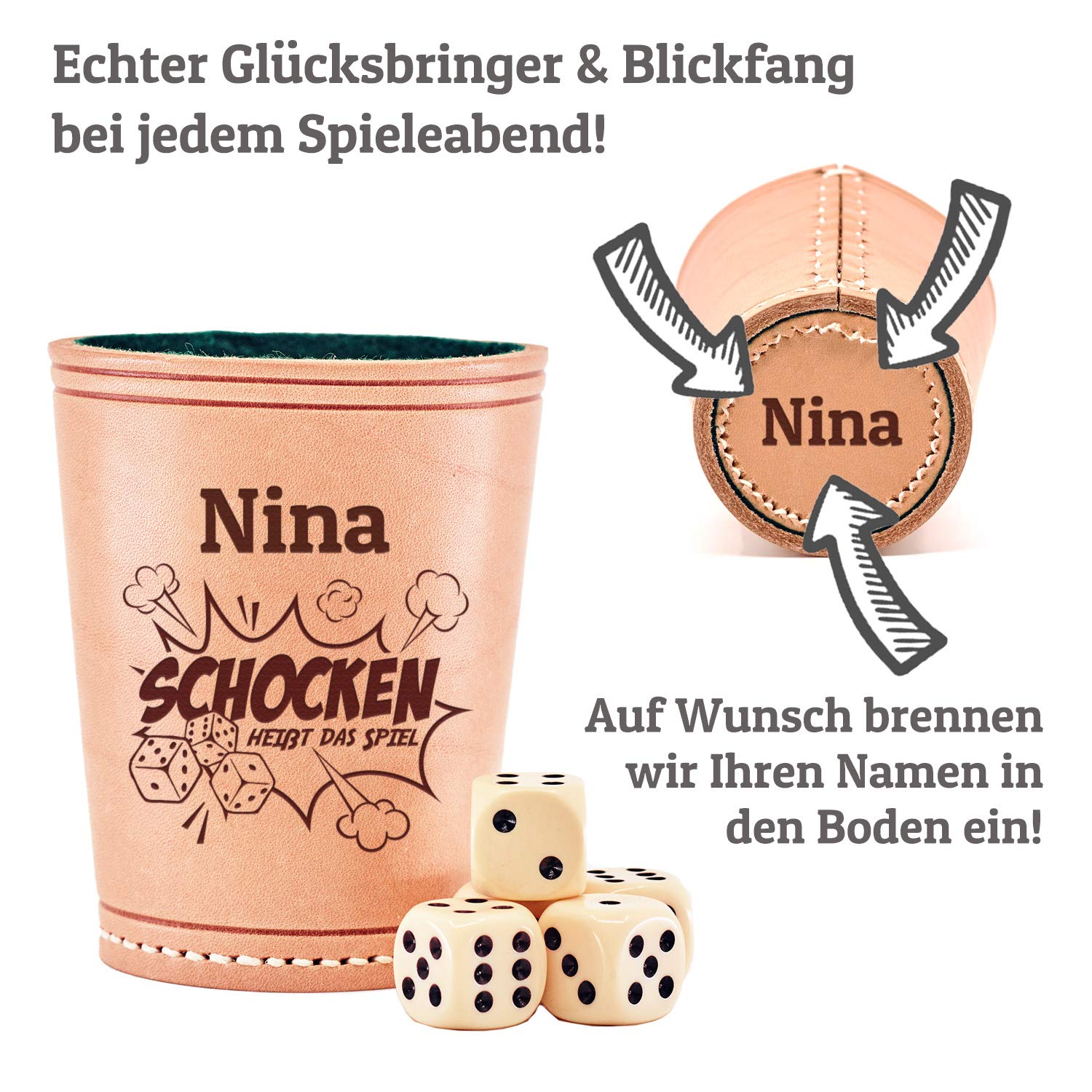Premium Würfelbecher mit Gravur + 5 Würfel - Personalisiert mit Name + ein Motiv - Knobelbecher Made in Germany - echtes Leder und Filz innen für leises Würfeln