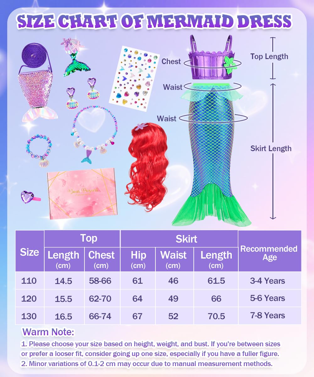 Deguisement Sirene Fille, Cosplay Sirene avec Perruque, Cadeau pour Fille, Déguisements Sirenes Enfant pour Anniversaire Cosplay Carnaval