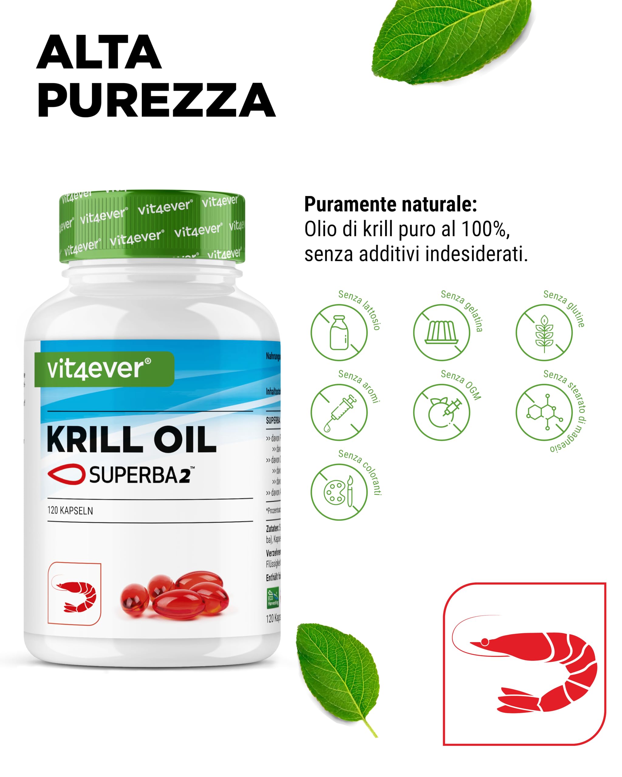 Krill Oil - 120 Capsule - Premium: Superba Antarctic Krill Oil - Ricco di EPA + DHA + Astaxantina + Fosfolipidi + Acidi grassi Omega 3 - Da coltivazione sostenibile.