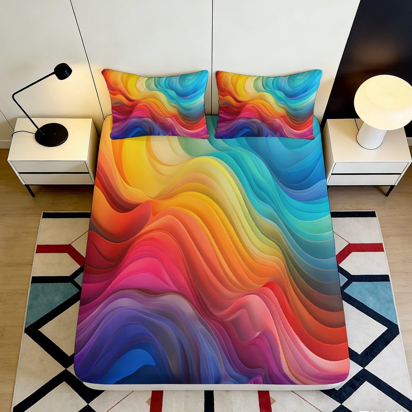 3D Printed Rainbow Wave Fitted Sheet Microfiber Colorful Gradient Mattress Cover Non-Slip Washable for Bedroom Guest Room Decor 120x200x25cm