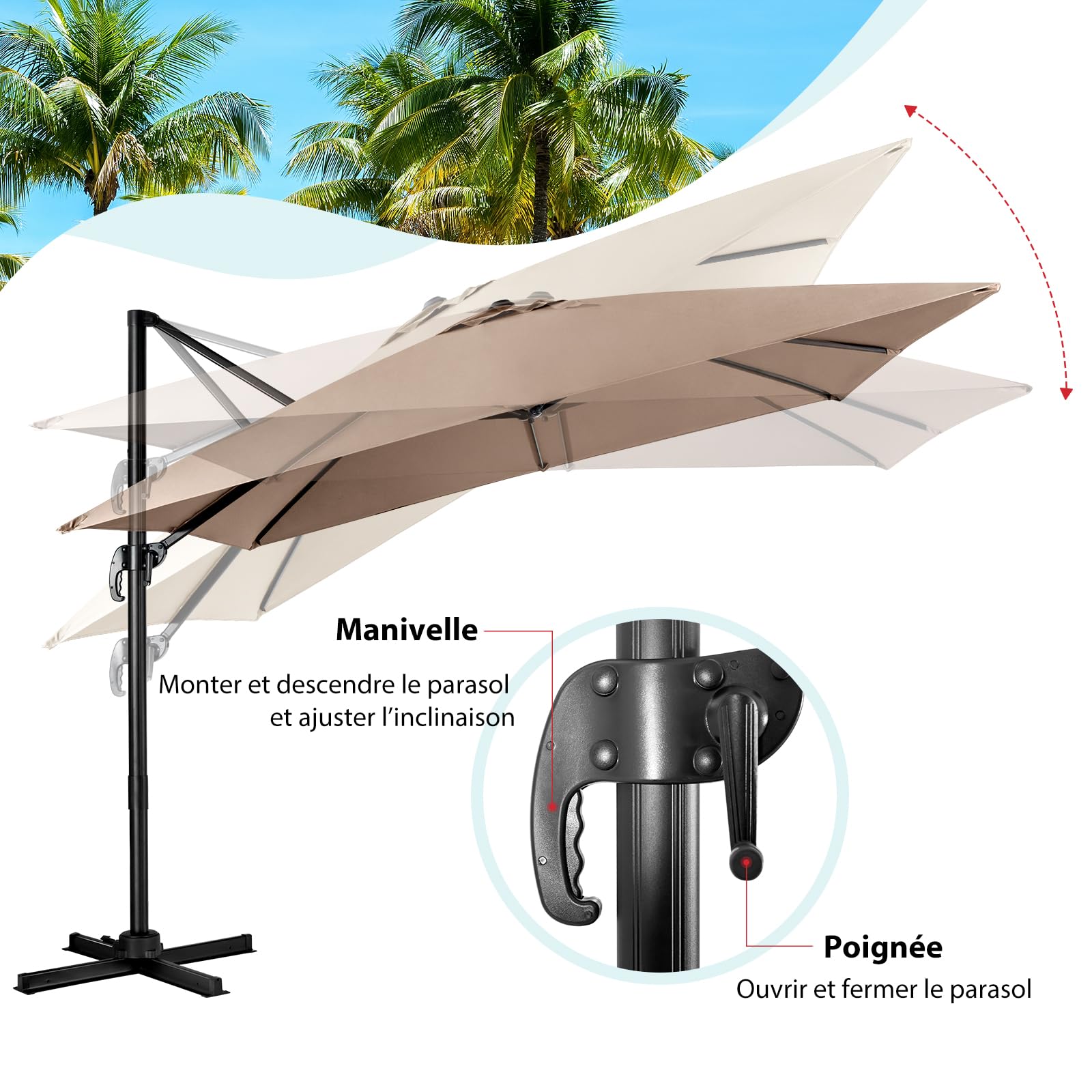 GOPLUS Parasol de Jardin Exterieur, Parasol Déporté 3x3M, avec Toile Inclinable à Double Couche, Manivelle, 8 Baleines, Rotation à 360°, Anti-UV, pour Balcon Terrasse Patio, Café