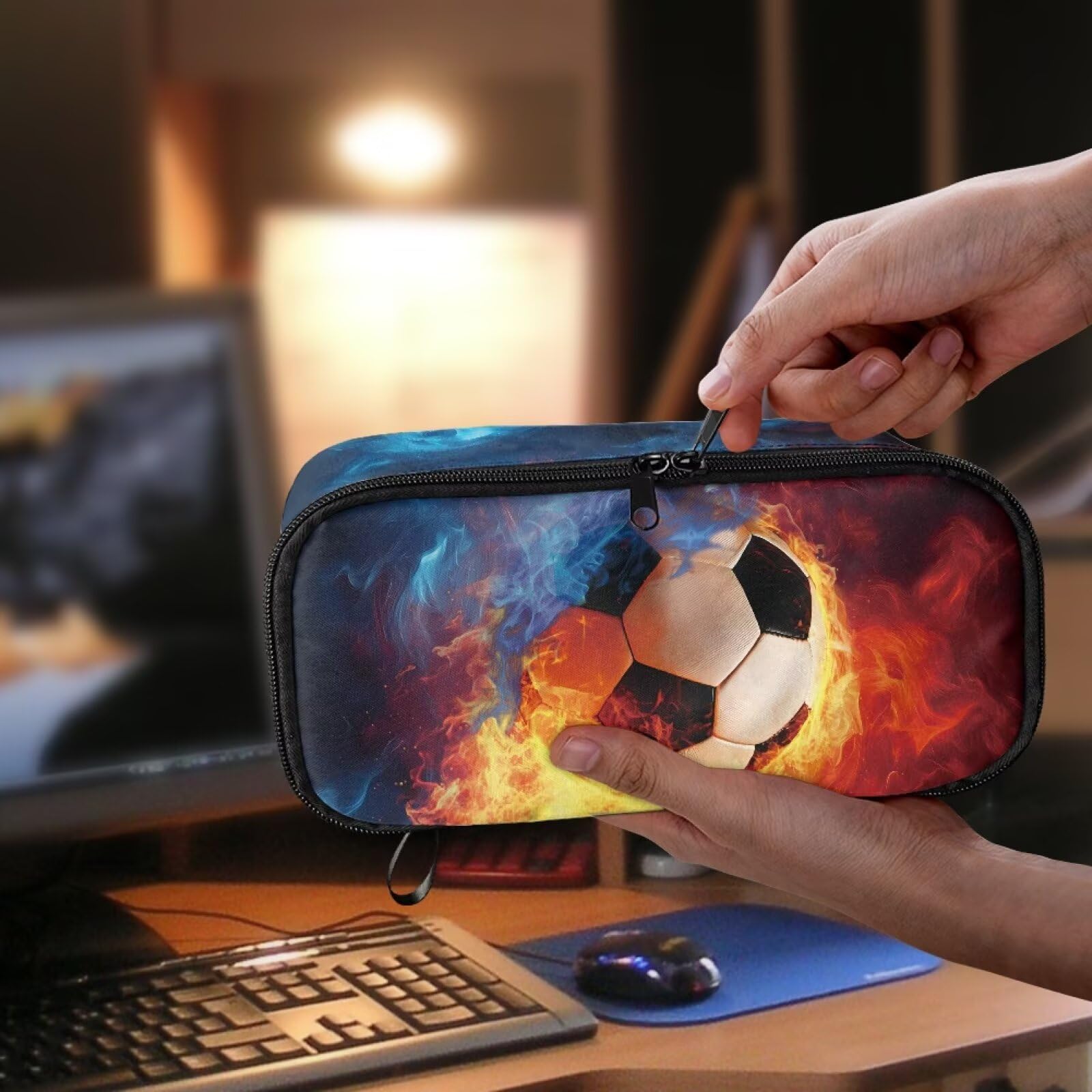 TOADDMOS Fire Water Football Pencil Bag Big Capacity Marker Pouch with 3 Compartments Office Stationery Organizer for Teen Boys Girls School Students - Image 3