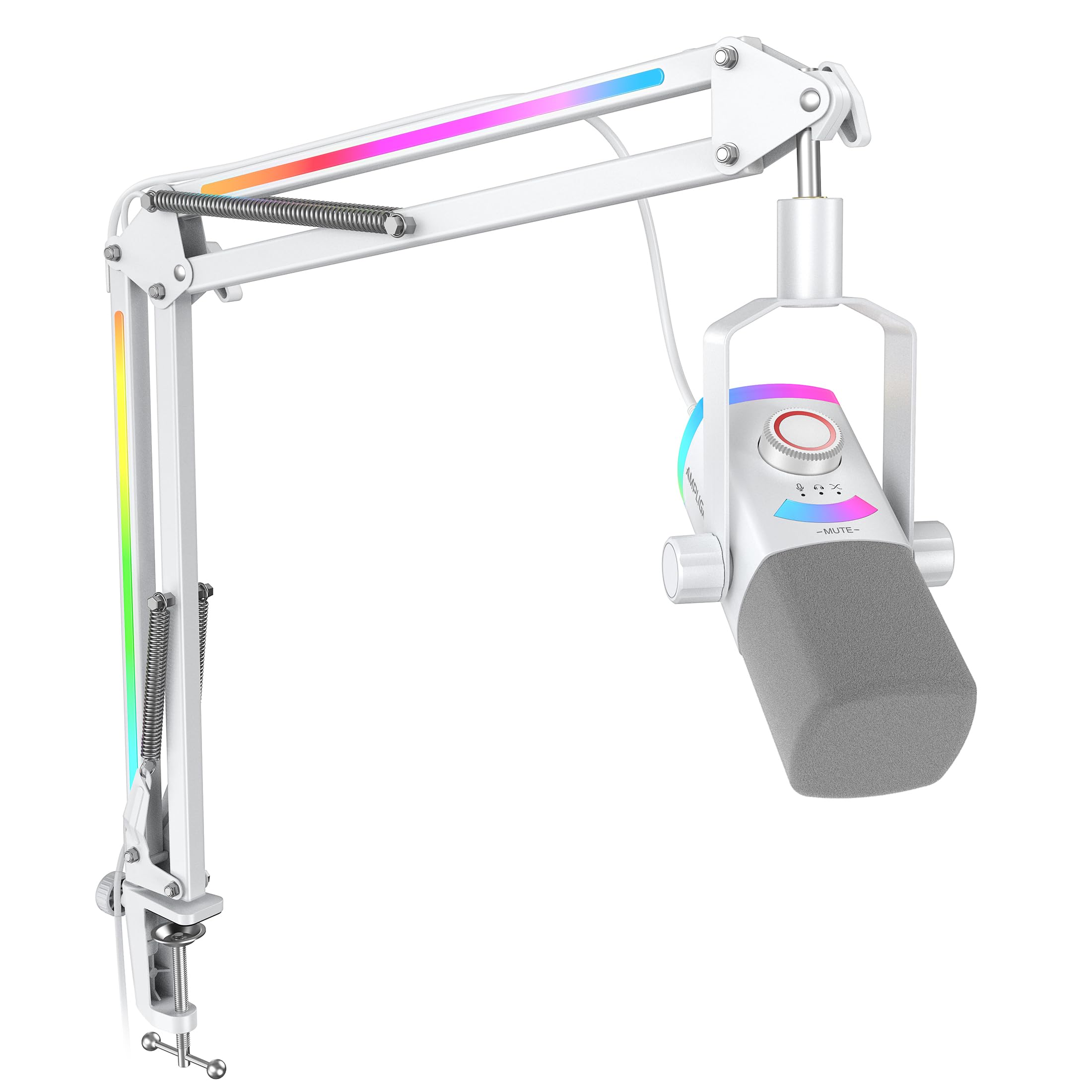 Streaming Microphone Kit for Gaming, XLR/USB Dynamic Mic with RGB Boom Arm Stand for Podcast Vocal, PC Microphone with Mute Tap, 3-in-1 Volume Knob, Audio Balance-AmpliGame AM8PROT White