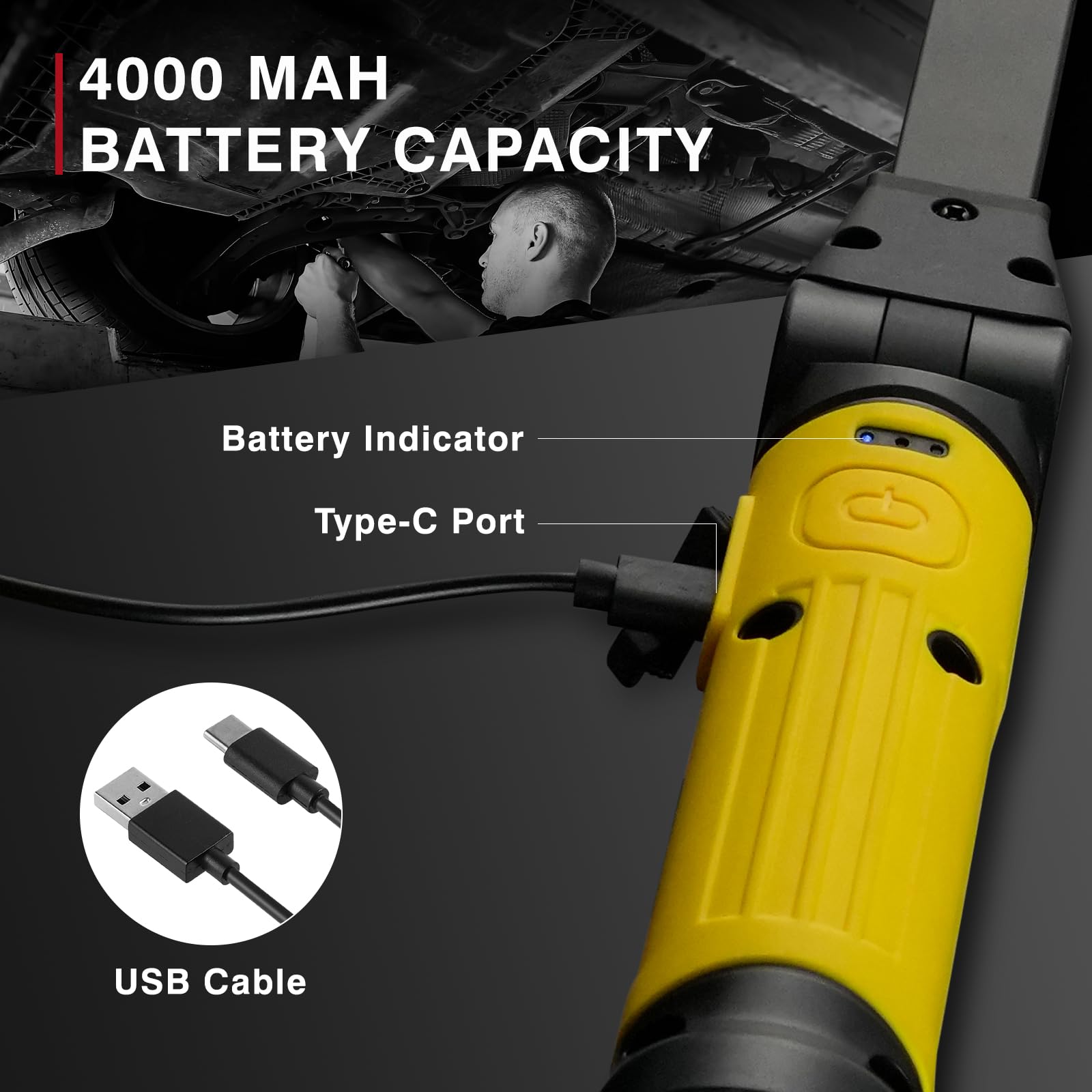 Lampada da lavoro a LED, 4000 mAh, batteria da officina, con magneti, 3 modalità di luce, girevole a 120°, ricaricabile, 1000 lm, COB lampada di ispezione per auto, riparazione, officina