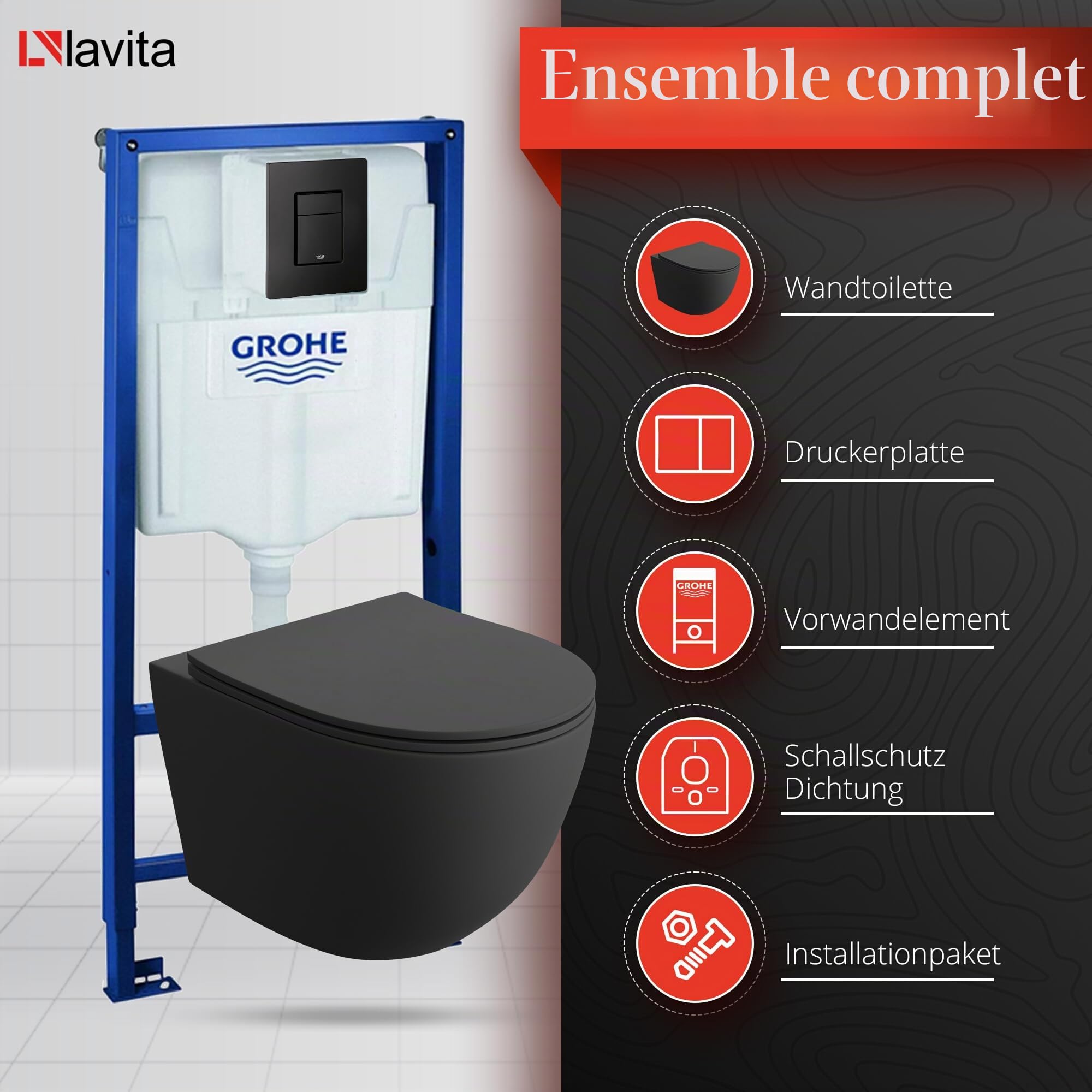 GROHE Solido + WC suspendu mural Sinto noir sans bord + abattant de WC avec système d'abaissement automatique - Bouton noir - Kit complet encastré - WC complet