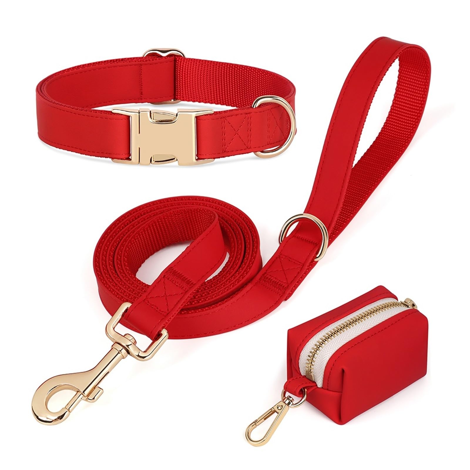 Hundehalsband-Leine-Taschen-Set aus PU-Leder