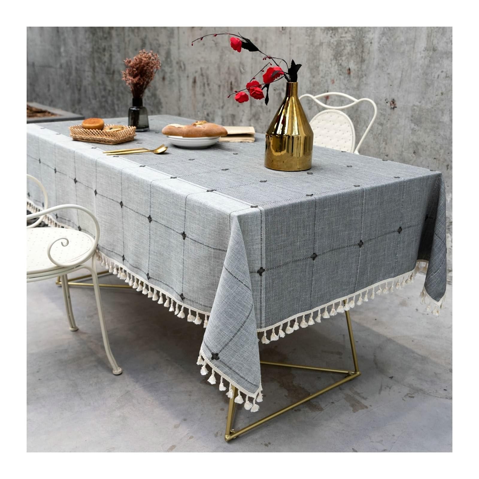 Daesar - Mantel Jardin Rectangular Lavable,Mantel de Lino Antimanchas Cuadros con Borlas Mantel Centro de Mesa Decorativo Gris,140x240CM(94x55Inch)