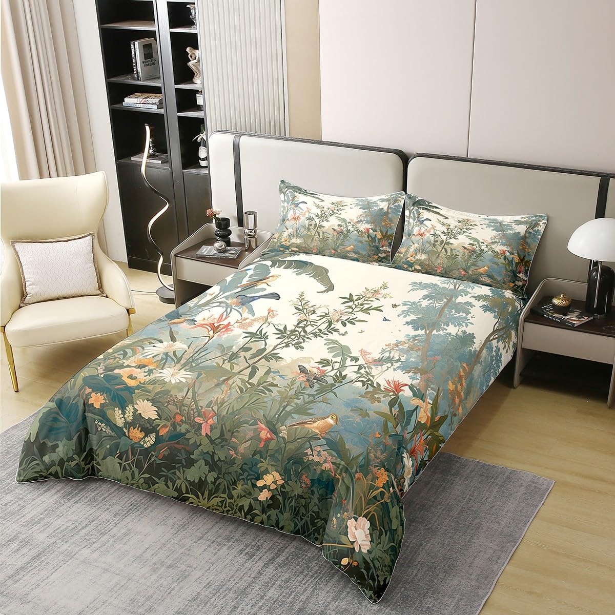Loussiesd Pflanzen 100% Baumwolle Bettwäsche Set 155x220cm Blume Bettbezug Set für Vögel Betten Set Gras Betten Set Grün Bettwäsche-Set