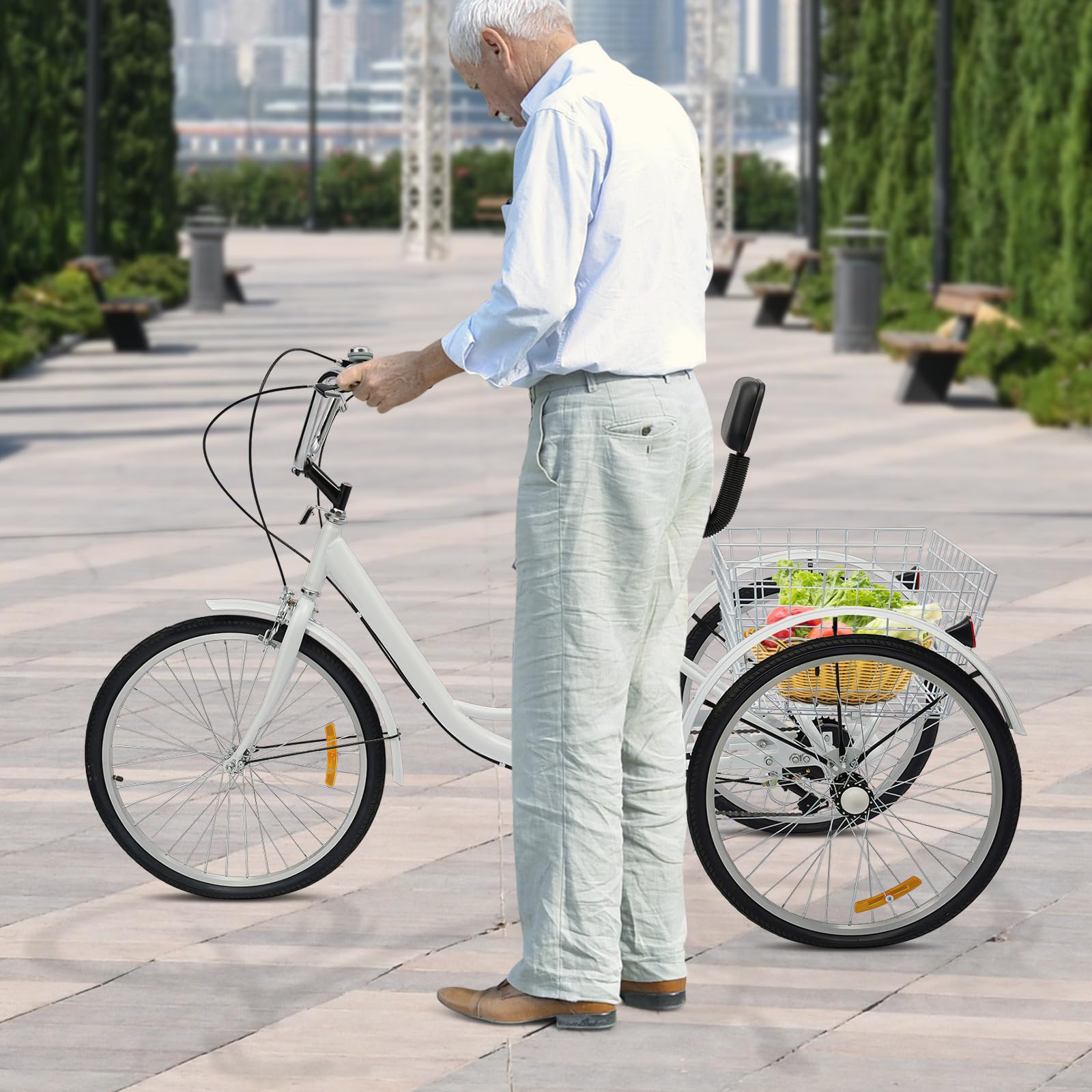 Bicicleta de 3 ruedas de 24 pulgadas, herramientas de turismo de viaje verde, triciclo de 6 velocidades para adultos, bicicleta de crucero de 3 ruedas, con soporte lumbar, cesta grande, altura