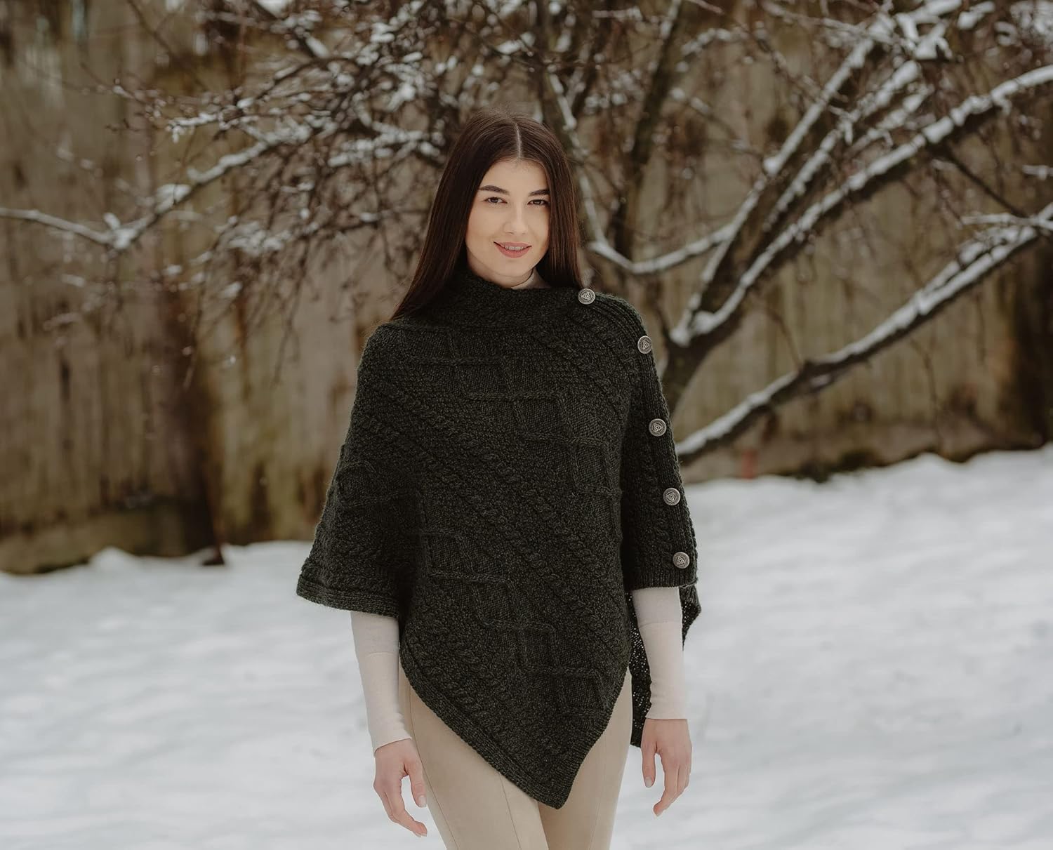 SAOL Wool Women's Poncho with Celtic Buttons Cable Knit Cardigan Cowl Neck Cape - Image 3