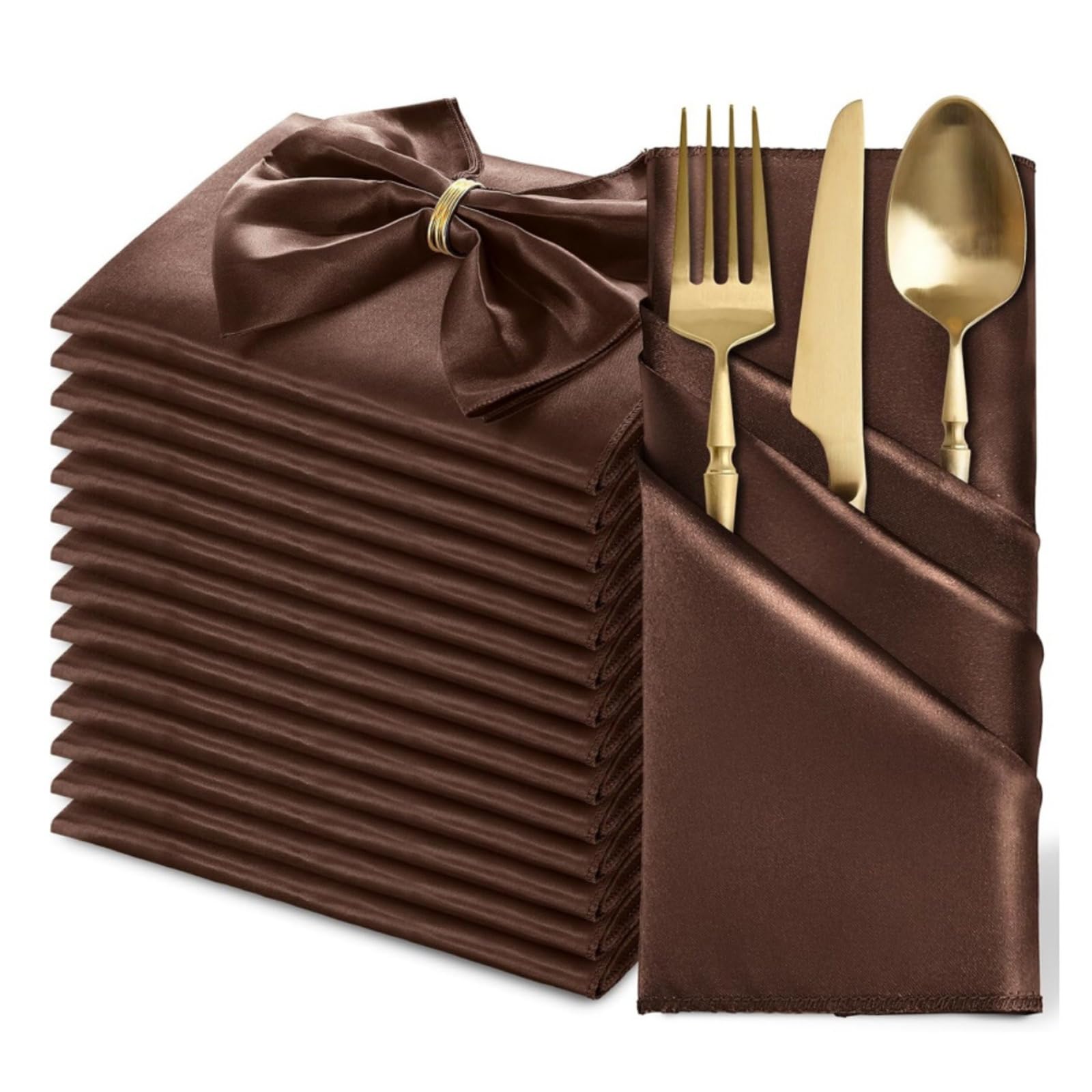 FANSU Servietten 20/50/100er Pack, Satin Hochwertige Stoffserviette Waschbare Weiche Stoffservietten für Weihnachten, Hochzeit, Geburtstag, Feiern (43x43cm/100er Pack,Braun)