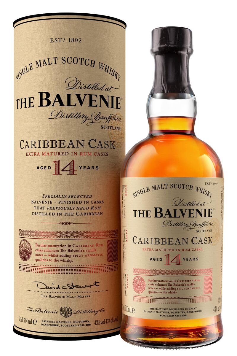 THE BALVENIE - Caribbean Cask 14 Year Old Single Malt Scotch Whisky - Extra Matured In Rum Cask - Traditional Smooth, Honeyed Character - Creamy Toffee & Fresh Fruit Notes - 43% ABV - 70 cl