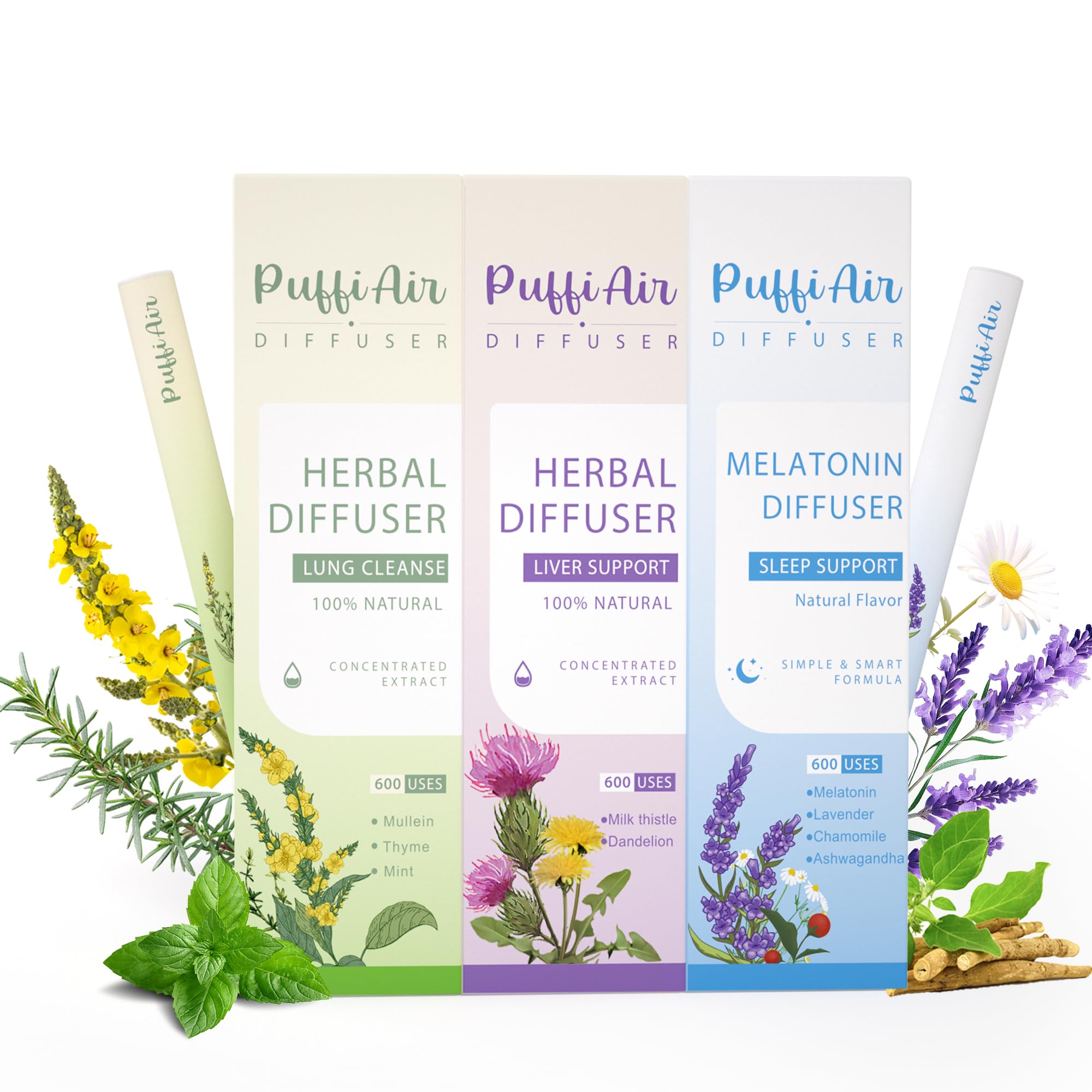 PUFFIAIR Natural Herbal Diffuser Pen Mullein Dandelion and Lavender  Aromatherapy Inhaler Bundle (Green, Purple & Blue, 3 packs)