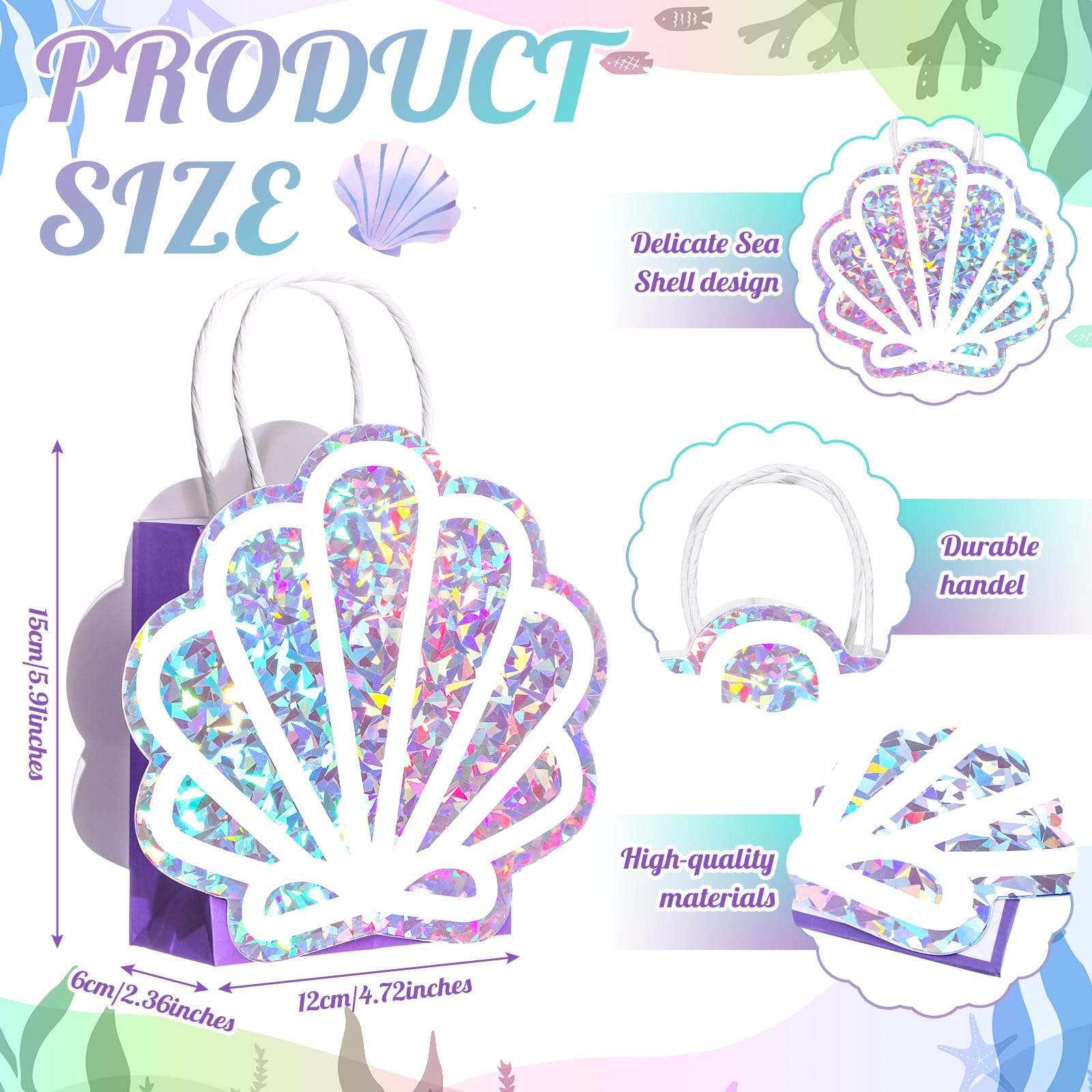 Locmeo 12 Pack Sea Shell Gift Bags Mermaid Goodie Bags Party Favor Iridescent with Handle for Under The Sea Party Summer Ocean Beach Birthday Wedding Shower Celebration Supply Decoration (Holographic)