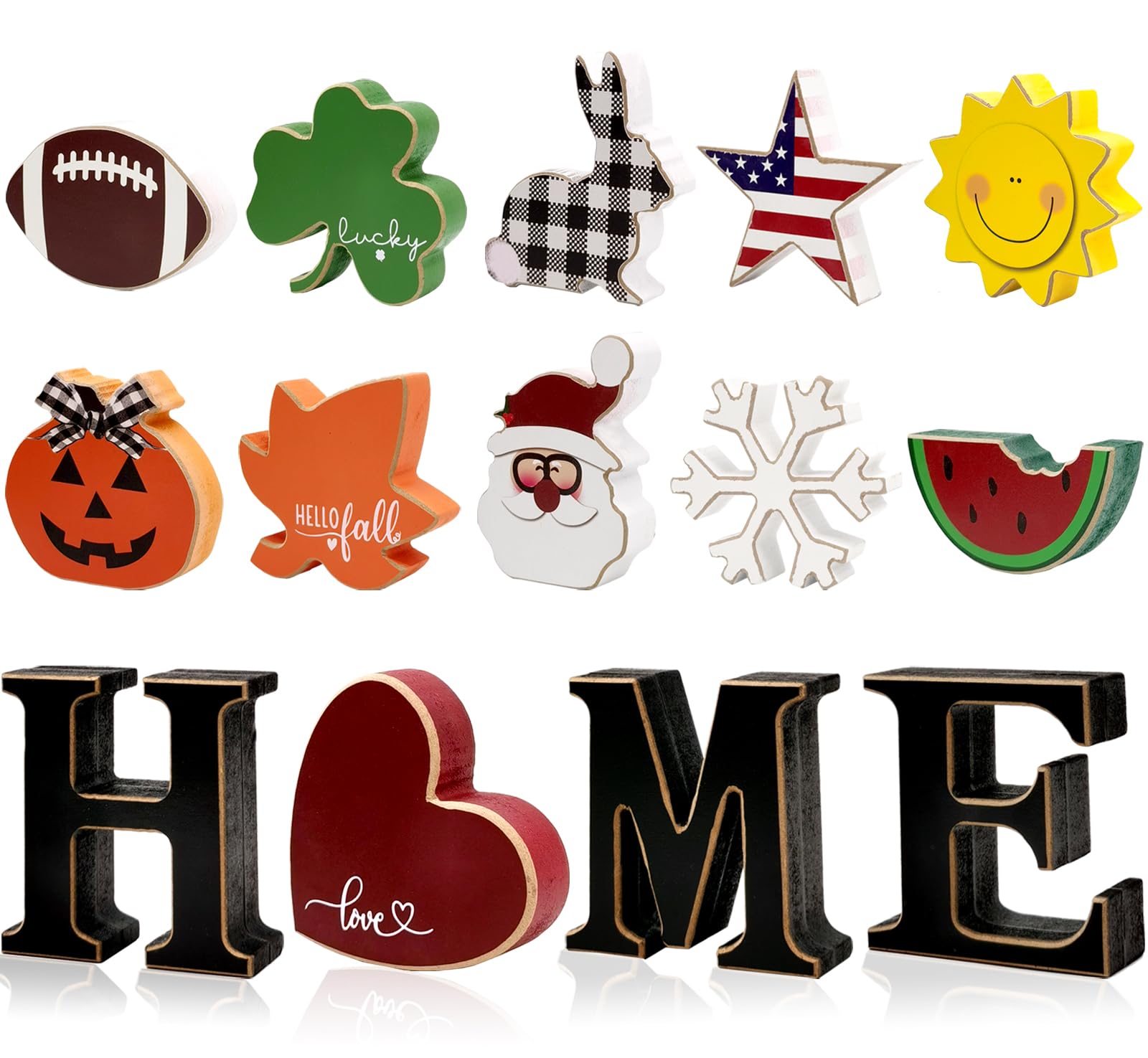 Interchangeable Home Table Signs with 11Pcs Seasonal Icons, Wooden "HOME" Letter Signs Interchangeable Holiday Decorative Table Shelf Centerpiece for Holiday Room Decoration