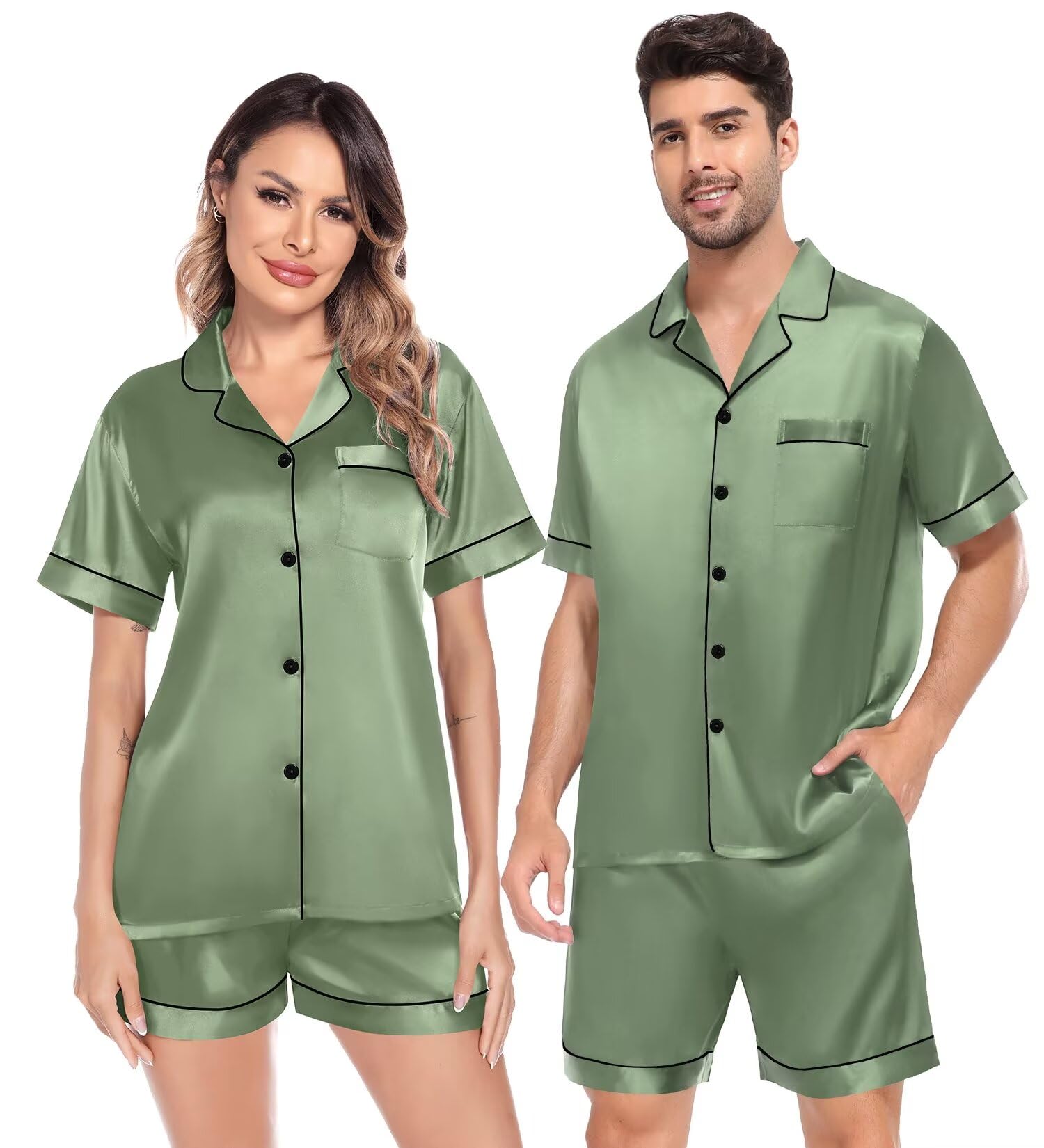 SWOMOG Satin Matching Pajamas Sets Couple Silk Button Down Nightwear Women &amp; Men Short Sleeve Sleepwear 2 Pieces Loungewear