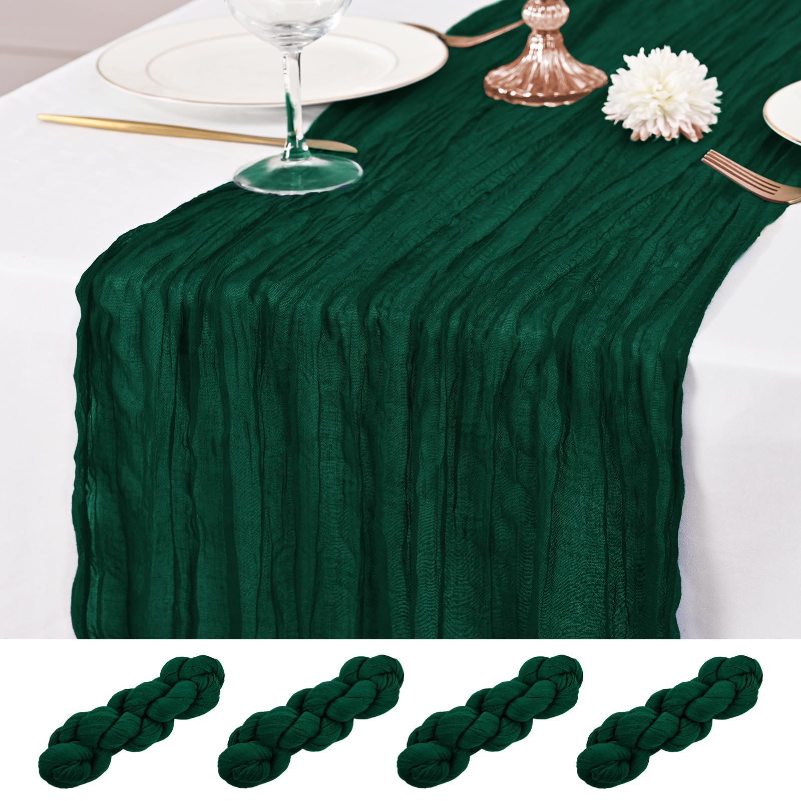 4 Pcs Emerald Green Cheesecloth Table Runner, 21x120 inch Emerald Green Table Runner Rustic Gauze Romantic Long Sheer Fabric 10Ft Cheese Cloth Table Runners for Wedding Party Bridal Baby Shower