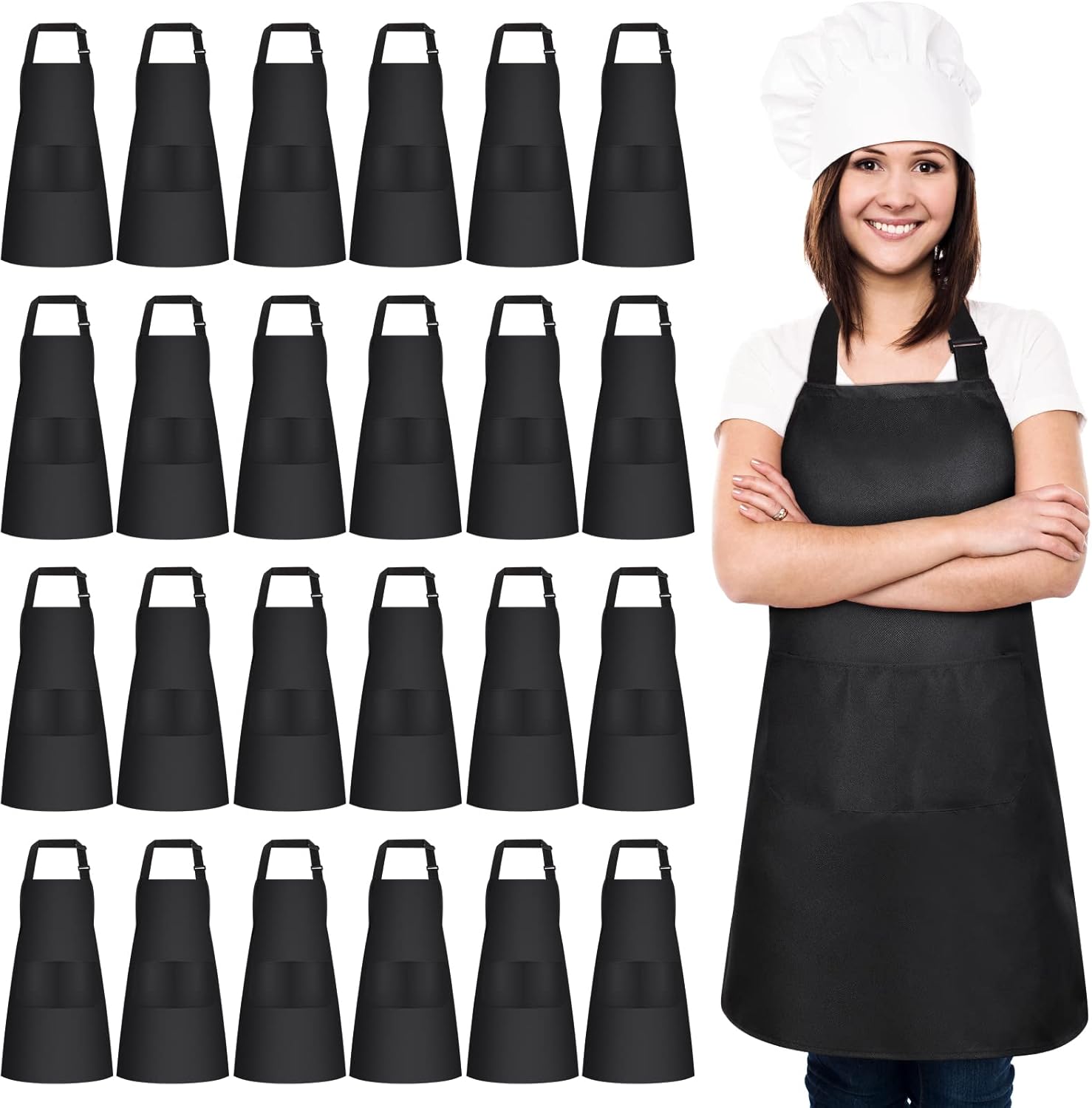 JaGely 24 Pack Adjustable Bib Apron with 2 Pockets Black Aprons Bulk for Server Adult Women Kitchen Apron Water Oil Resistant